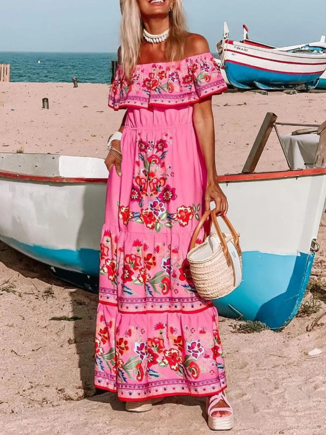 Floral Off Shoulder Ruffle Maxi Dress for Women - Summer Beach Vacation, Resort Wear & Boho Party Outfit