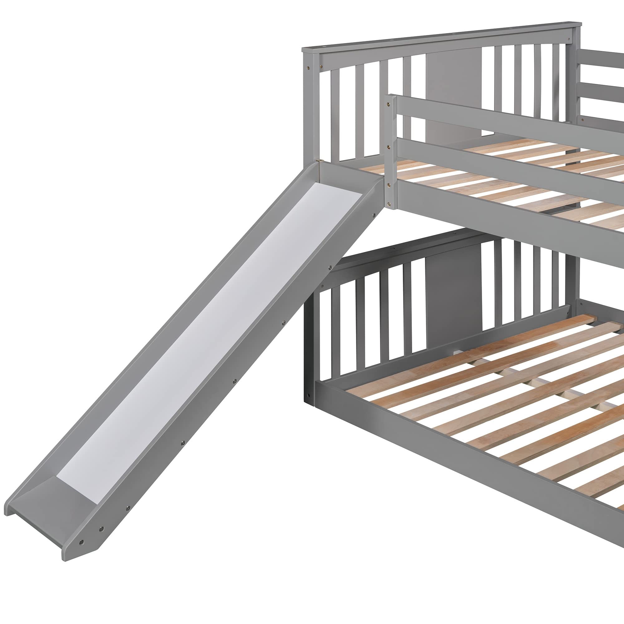 P PURLOVE Full Over Full Wood Bunk Bed with Slide for Kids & Teens - Low Profile Bunk Bed with Floor Bed Frame, No Box Spring Needed - Perfect for Small Bedrooms, Shared Kids Rooms & Sleepovers