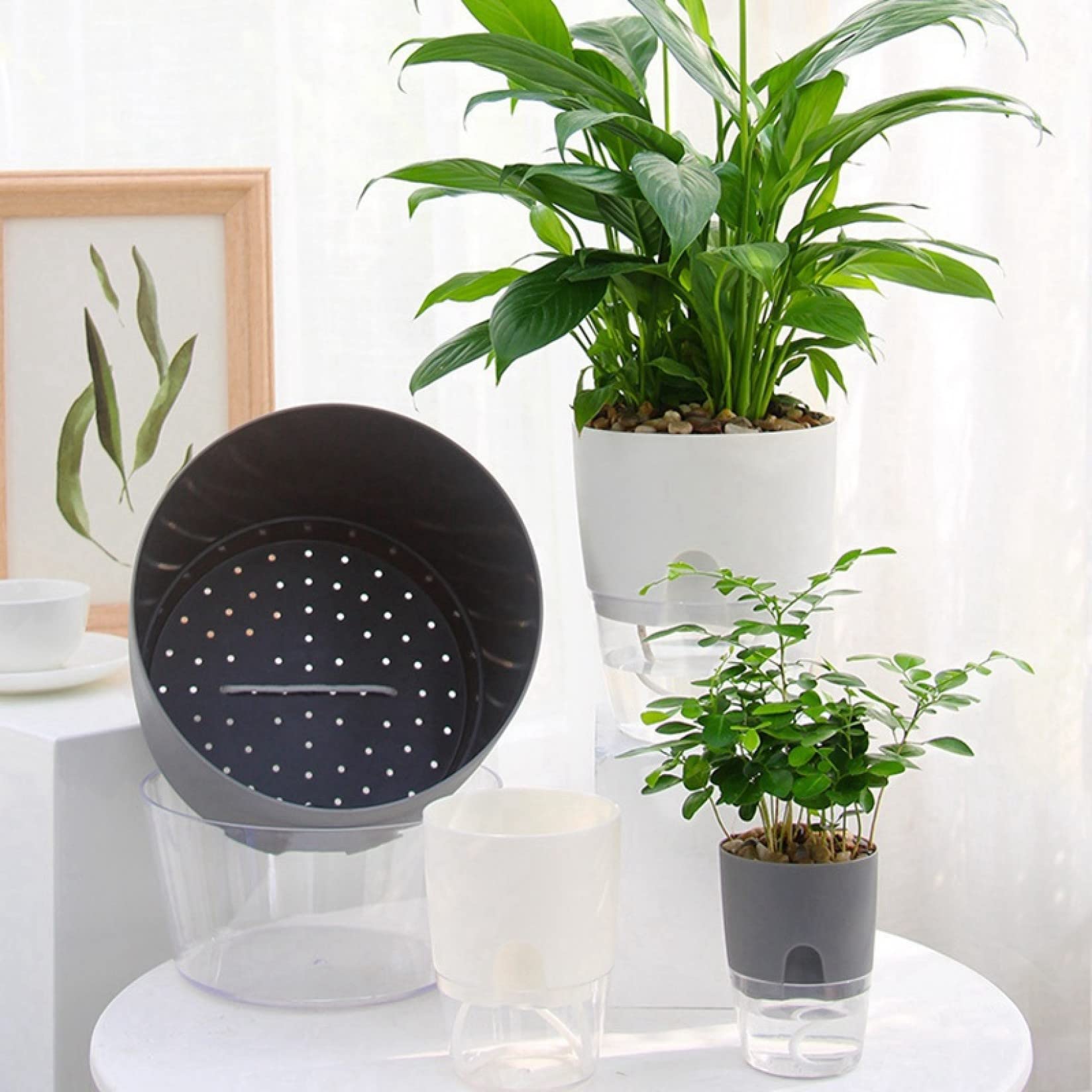 2 Layer Self Watering Round Plant Pot with Cotton Rope - Automatic Plant Water Container for Indoor Plants, Desktop Garden, Flower Pot Decor - Perfect for Home, Office, Balcony & Small Space Gardening