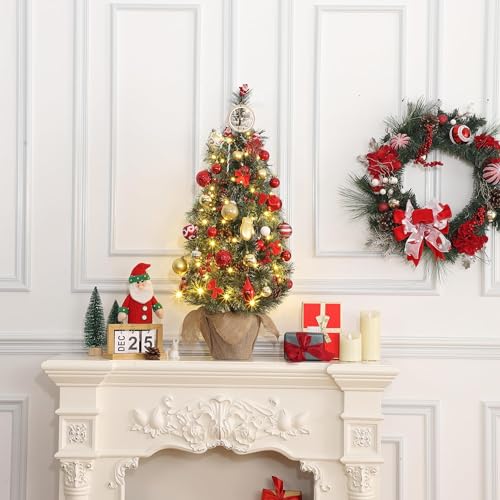GARVEE 3ft Pre-Lit Flocked Mini Christmas Tree with 70 Warm White LED Lights - Artificial Tabletop Small Holiday Tree with Decorative Burlap Base - Perfect for Home, Office, and Christmas Party Decorations