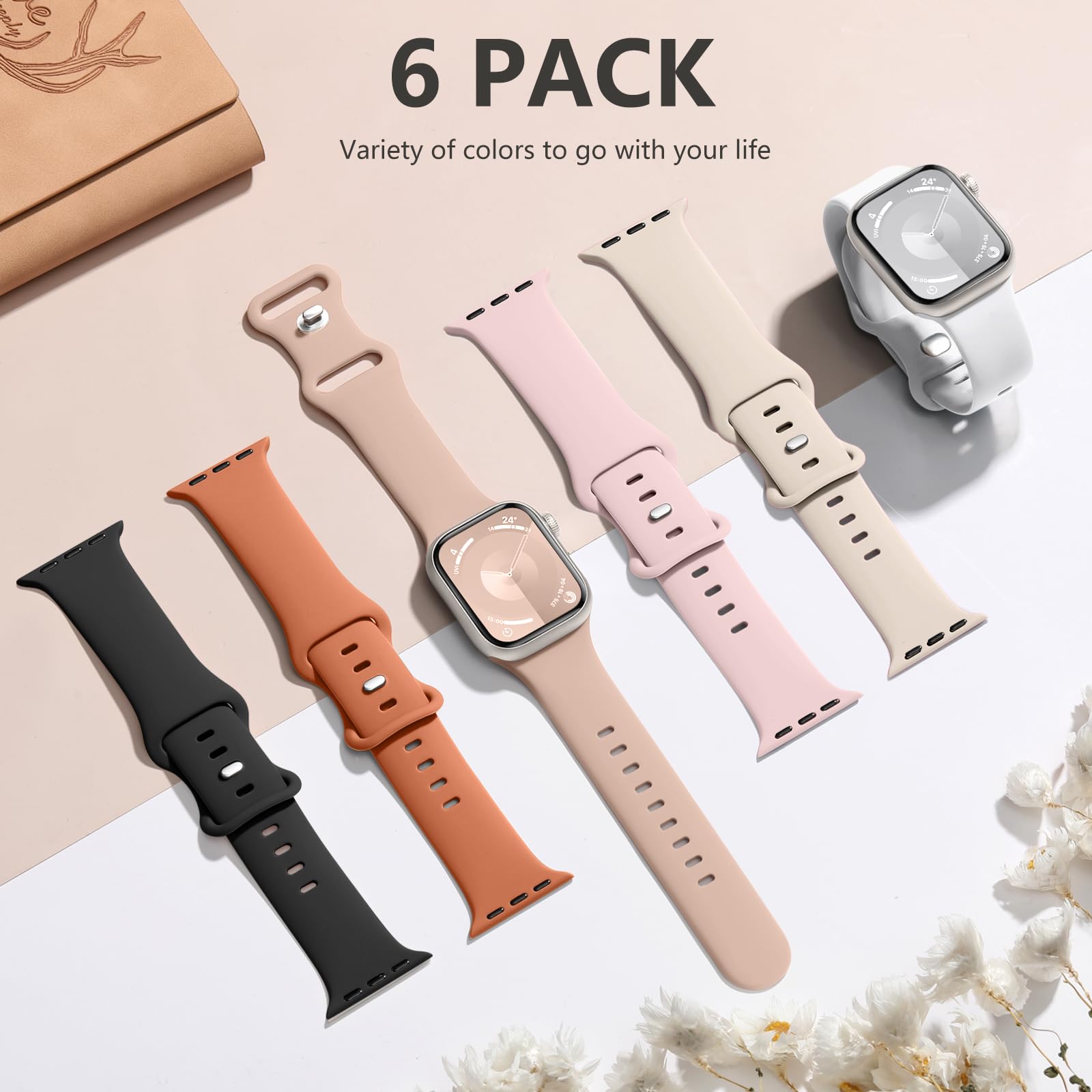 6 Pack Soft Silicone Sport Bands for Apple Watch - Compatible with Series 10/9/8/7/6/5/4/3/2/1, SE & Ultra (38mm/40mm/41mm/42mm/44mm/45mm/46mm/49mm) - Waterproof, Comfortable Wristband for Women & Men - Perfect for Gym, Running, Swimming & Daily Wear