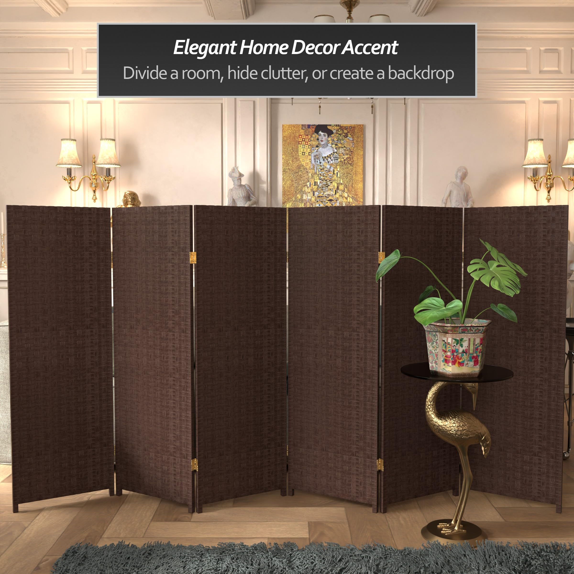 4 ft. Short Woven Fiber Folding Room Divider - Dark Mocha - 6 Panel Privacy Screen - Perfect for Home Office, Bedroom Partition, and Indoor Decor