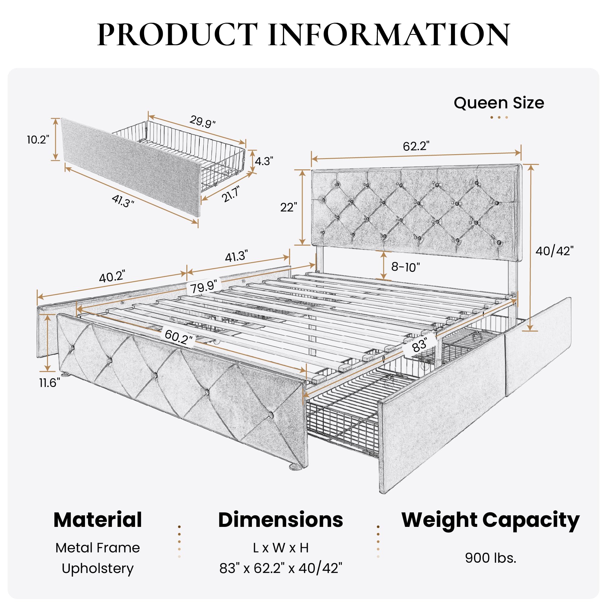 SHA CERLIN Upholstered Queen Size Platform Bed Frame with 4 Storage Drawers - Adjustable Diamond Stitched Headboard, Wooden Slat Support, No Box Spring Needed - Dark Grey Modern Bedroom Furniture for Small Space & Storage Solutions