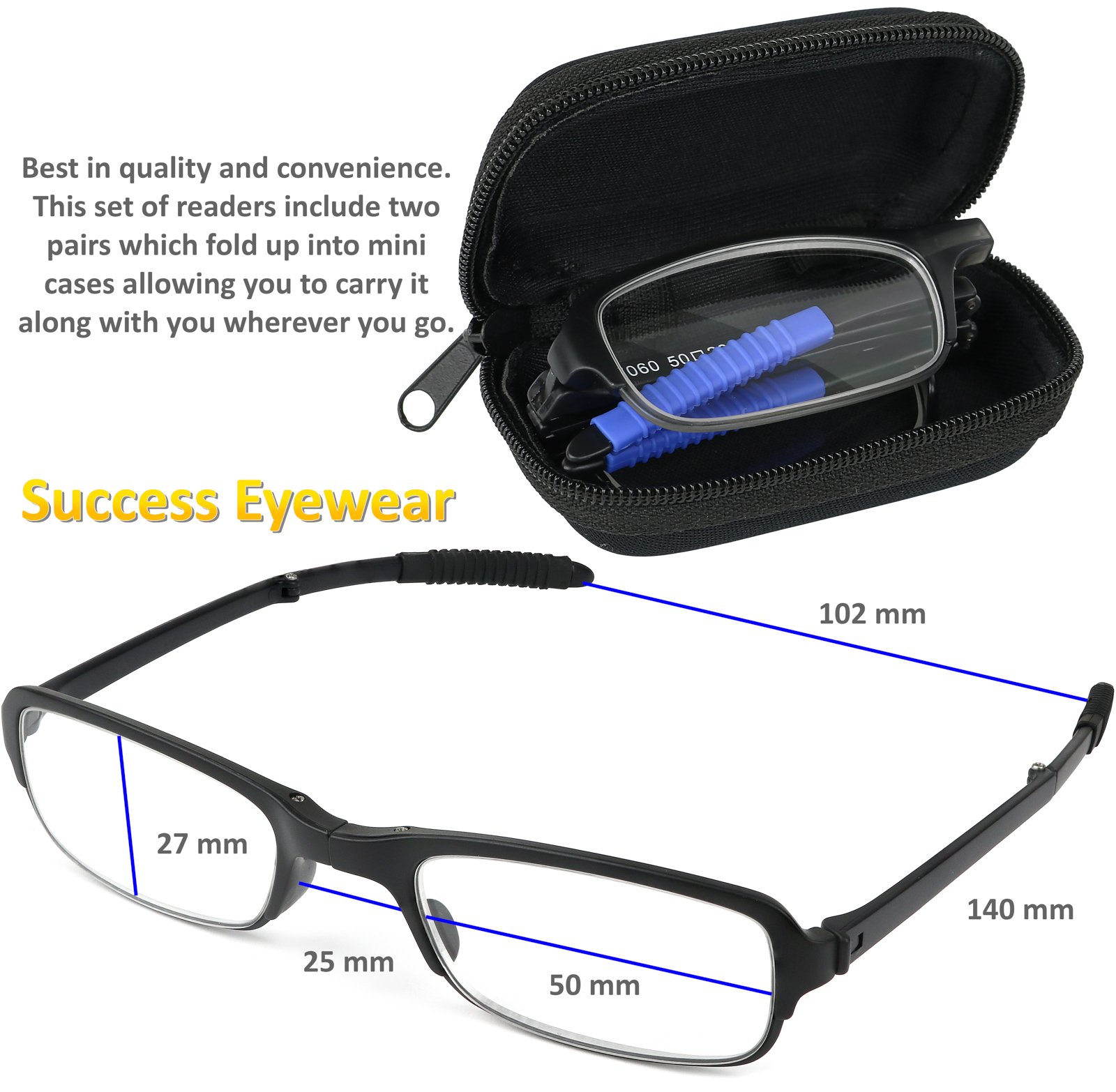 Success Eyewear Reading Glasses 2-Pack | Fashionable Folding Readers with Protective Cases | Unisex Reading Glasses for Men & Women | Perfect for Travel, Office & Daily Use