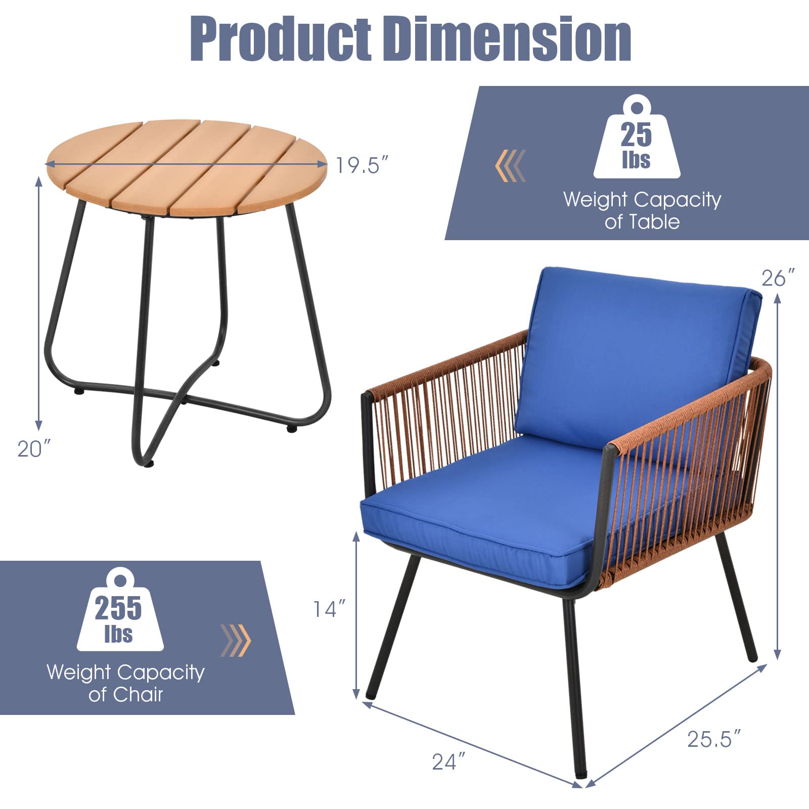 **Tangkula 3-Piece Patio Bistro Set - Outdoor Conversation Chairs with Coffee Table, Modern Garden Furniture with Soft Cushions - Perfect for Porch, Backyard, Garden & Poolside (Navy Blue) | Durable & Weather-Resistant for Relaxing & Entertaining**