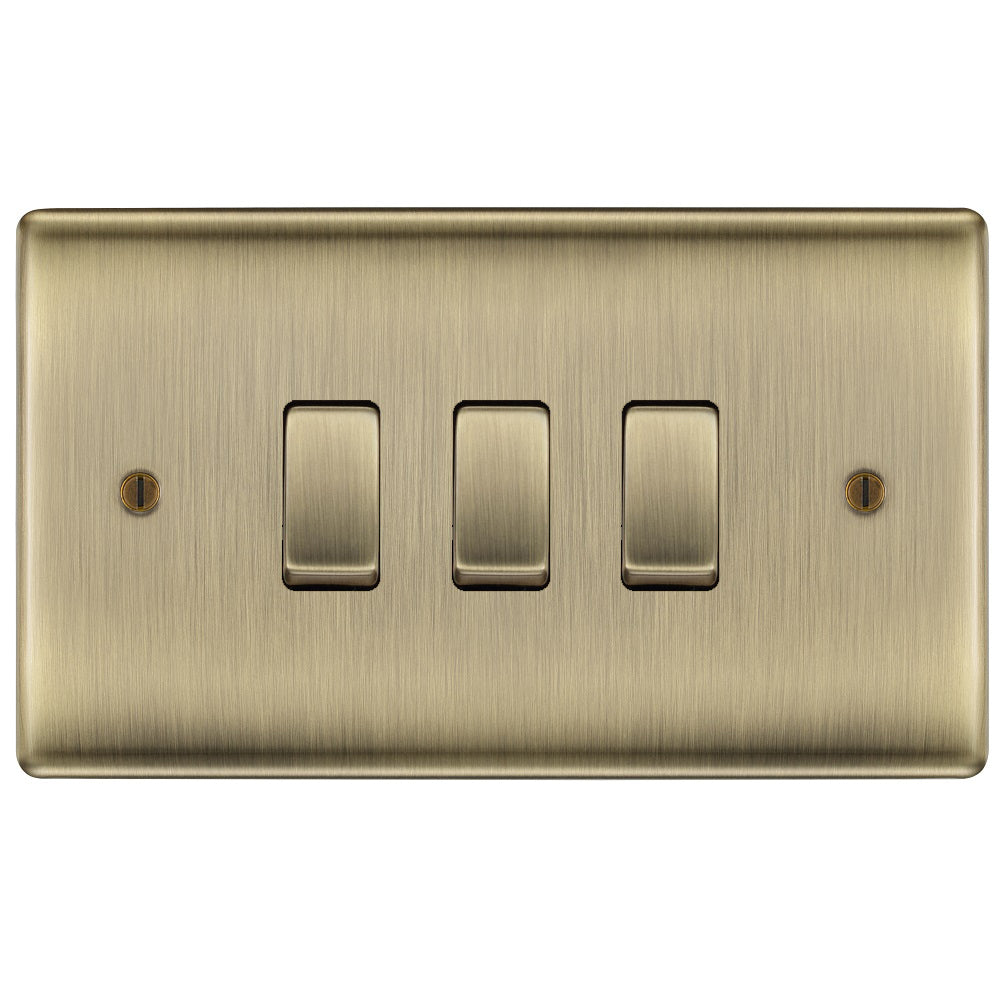 BG Nexus Metal Antique Brass 3G 2W Light Switch NAB432 - Vintage Style Electrical Switch for Home, Office & Commercial Use