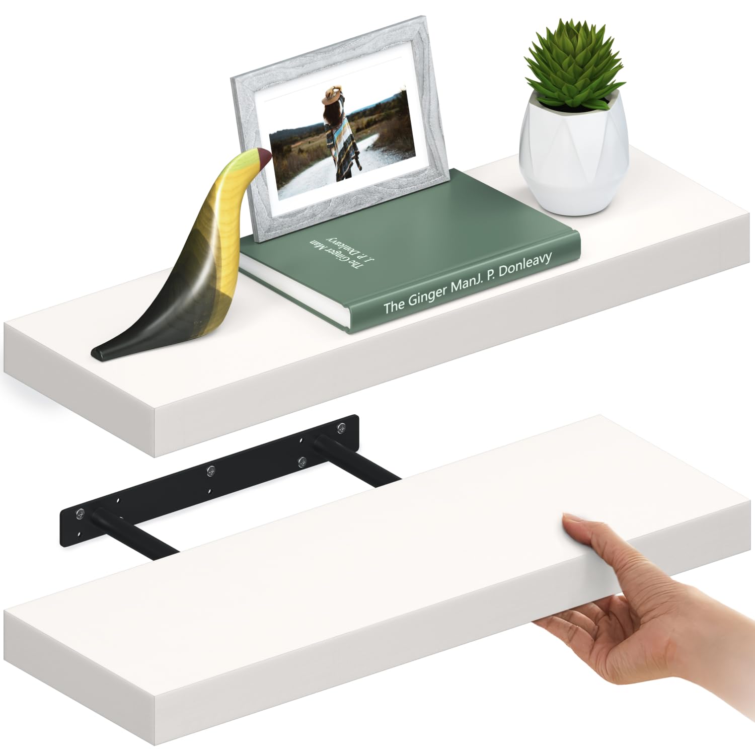 Ballucci Floating Shelves Set of 2 - 24 Inch White Wood Wall Shelves with Invisible Brackets - 6 Inch Depth - Perfect for Bathroom Storage, Living Room Decor, Bedroom Organization & Kitchen Display - Sturdy & Stylish Home Shelving Solution