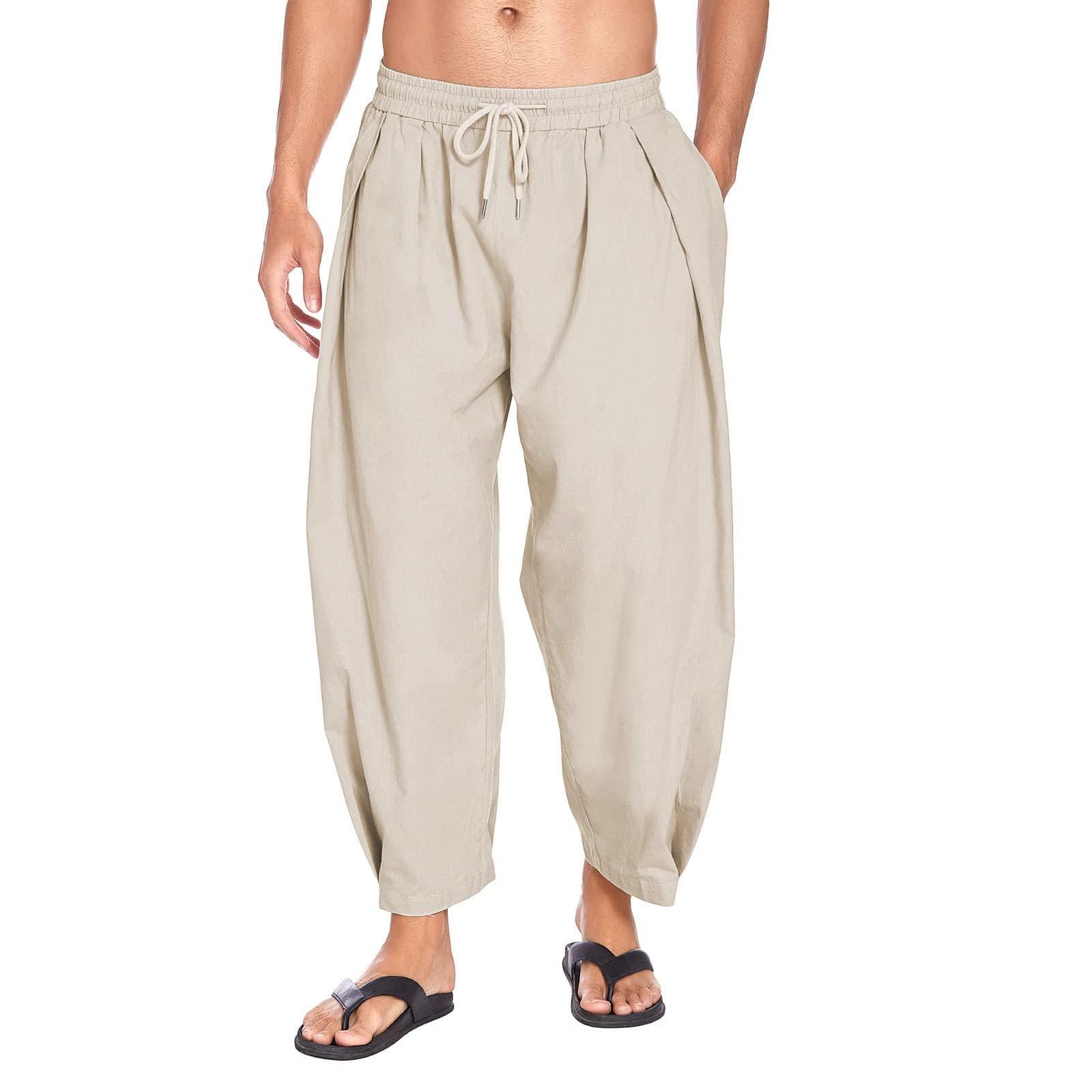 Men's Cargo Pants - Casual Solid Woven Wide Leg Trousers with Pleated Pockets & Drawstring Waist | Outdoor Work, Hiking & Streetwear Fashion