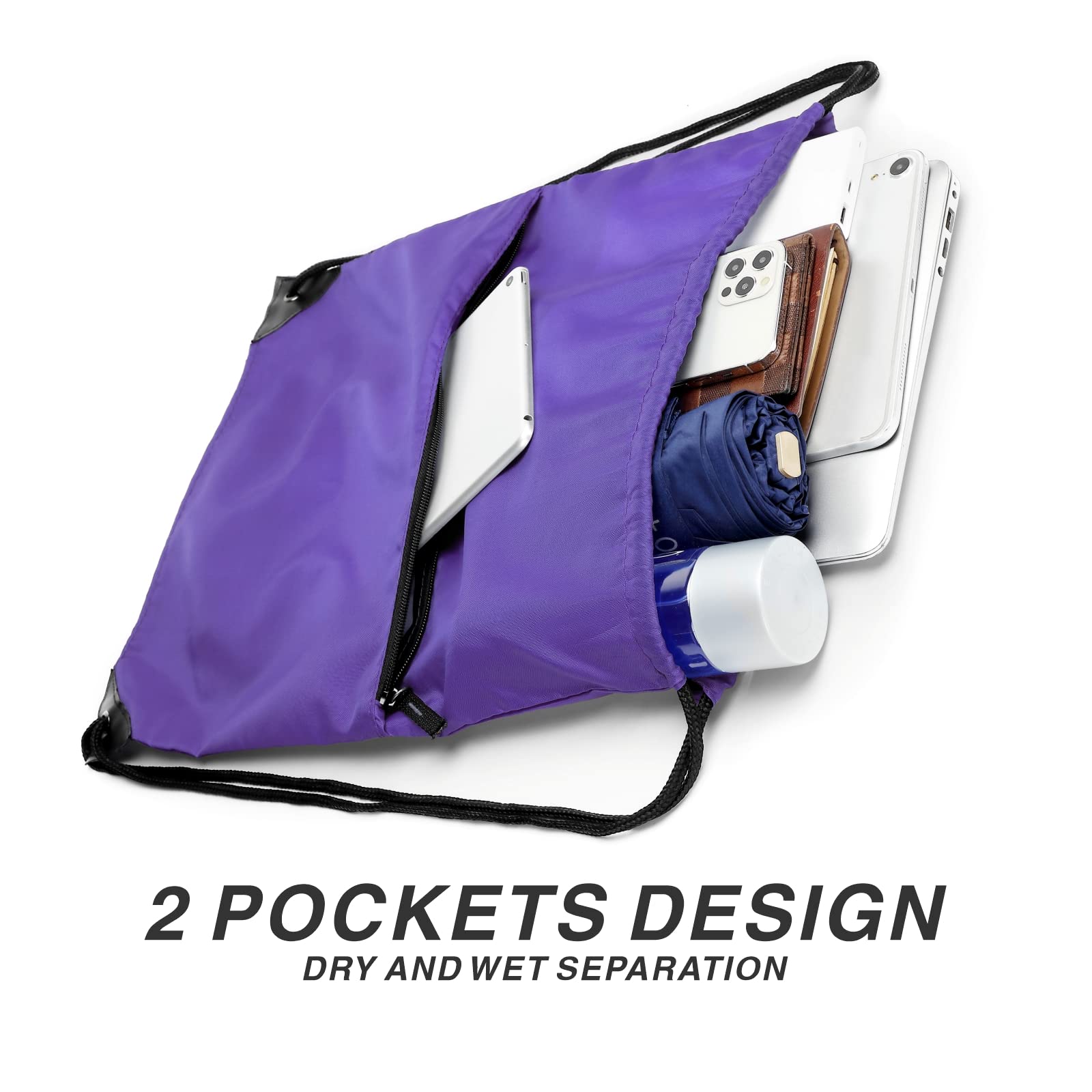 Lightweight Drawstring Backpack - 210D Nylon Foldable Gym Bag with Zipper Side Pocket for Men & Women | Perfect for Sports, Travel & School (Purple)