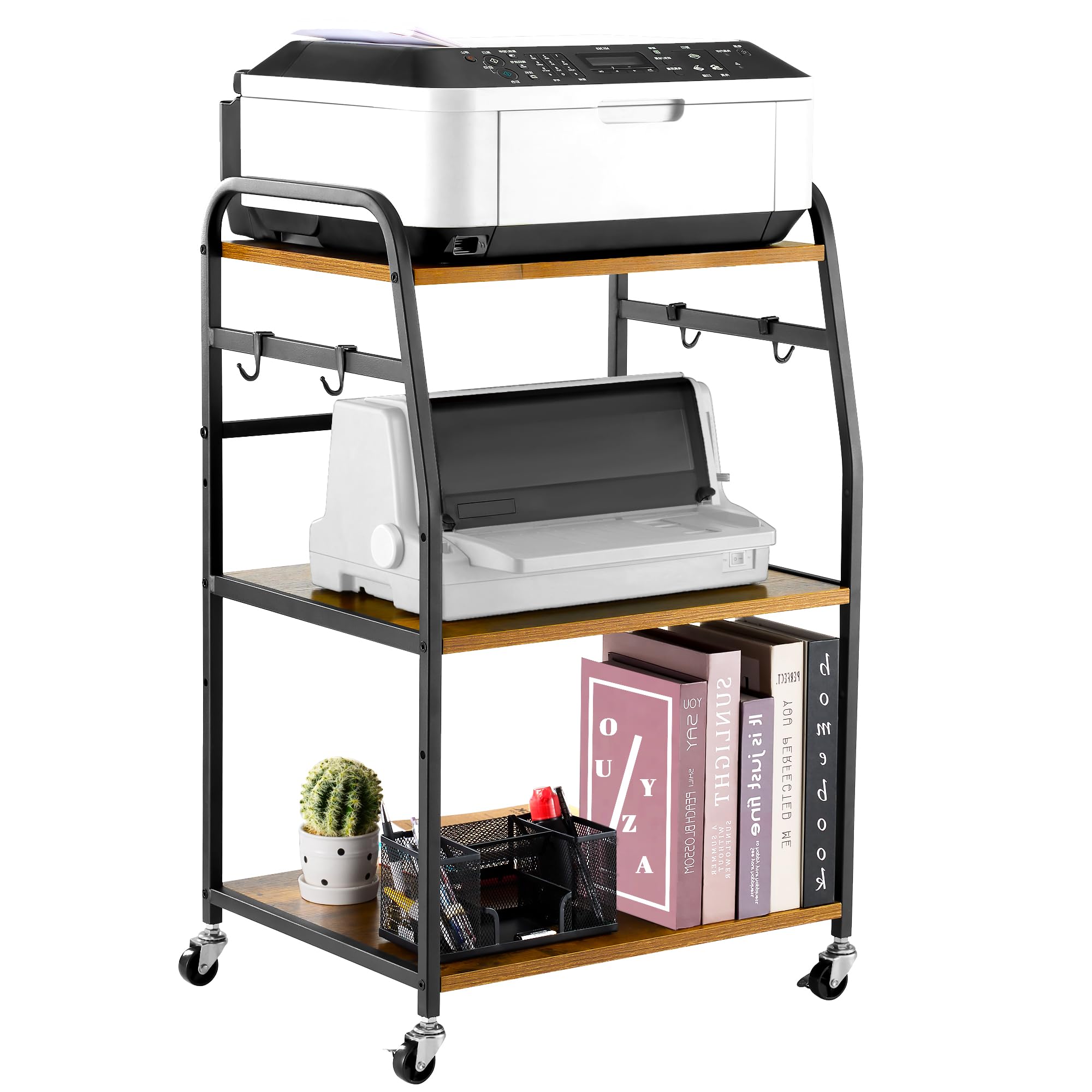 3-Tier Adjustable Printer Stand with Storage Shelf & Wheels - Sturdy Rolling Cart for Home Office - Rustic Brown - Perfect for Organizing Printers, Scanners & Office Supplies