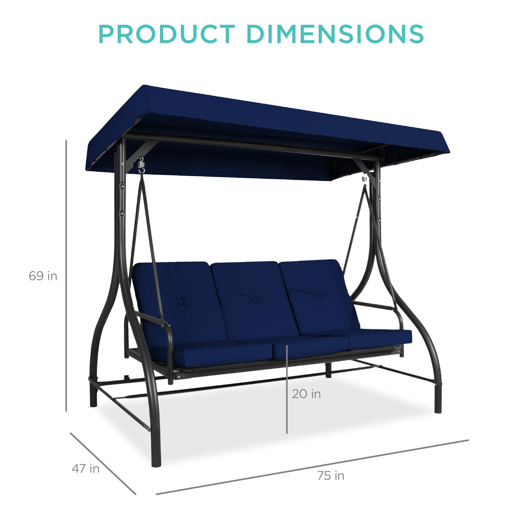 Best Choice Products 3-Seat Outdoor Convertible Canopy Swing Glider - Patio Hammock Lounge Chair with Flatbed, Adjustable Shade & Removable Cushions for Porch, Backyard, Garden - Navy Blue | Perfect for Relaxing, Lounging & Outdoor Entertaining