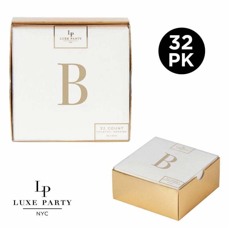 32-Pack Gold Metallic Cocktail Napkins - Elegant Airlaid Paper Serviettes for Parties, Weddings & Events - Letter B Design