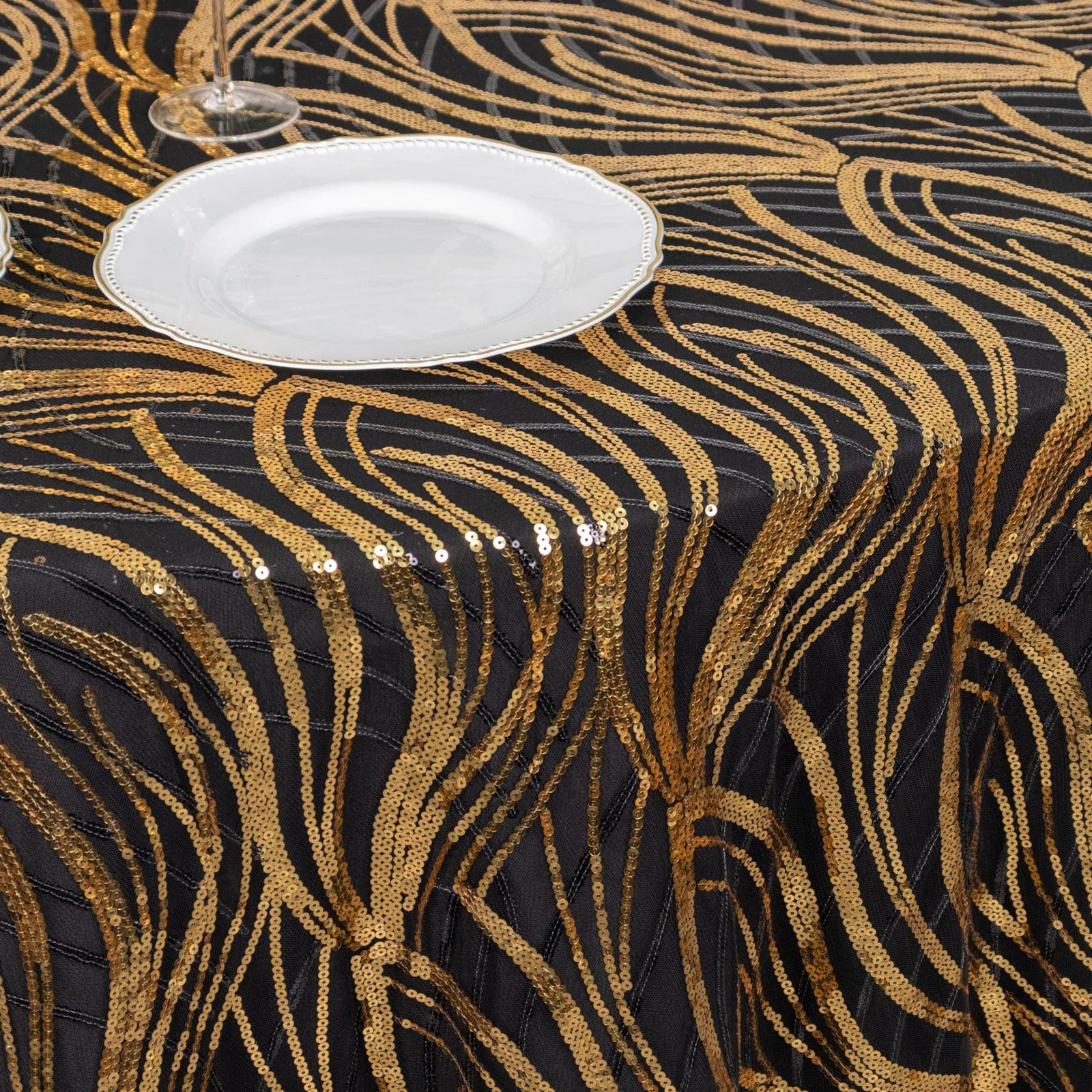 120 Mesh Round Tablecloth with Wavy Embroidered Sequins - Elegant Party Decor for Weddings, Banquets & Special Events