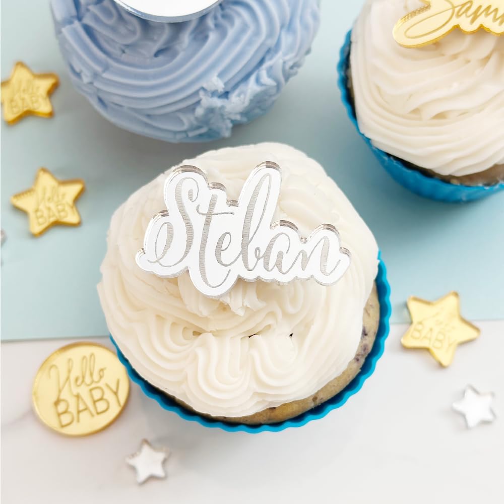 (12 Pack) Custom Acrylic Baby Shower Cupcake Toppers - Oh Baby Gender Reveal Party Decorations for Welcome Baby Showers, Boy or Girl Themes - Perfect for Baby Shower Desserts, Gender Reveal Parties & Celebrations