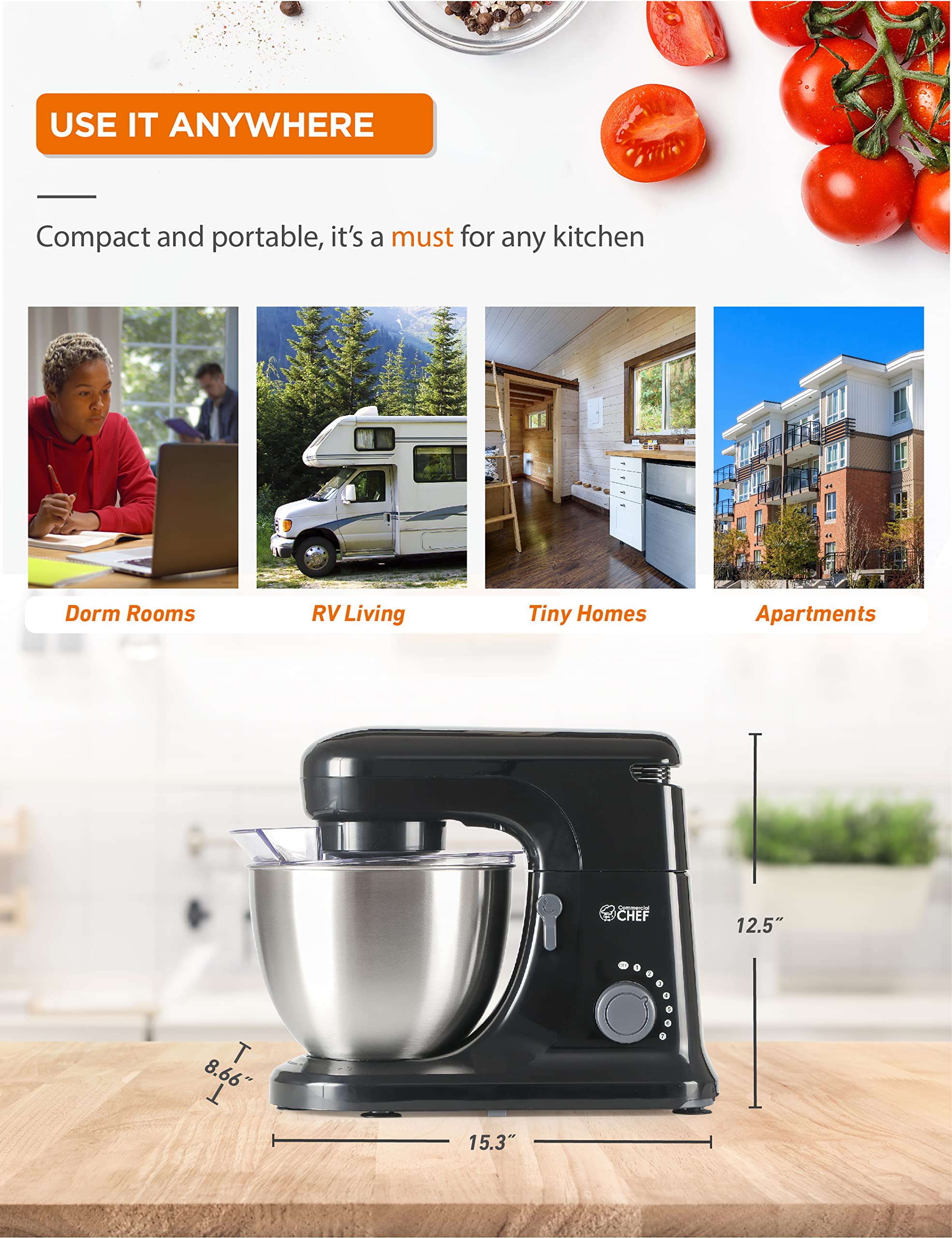 Commercial Chef 4.7QT Electric Stand Mixer - 7-Speed Heavy Duty Kitchen Mixer for Baking, Dough Kneading & Cooking - Perfect for Home Bakers & Professional Chefs