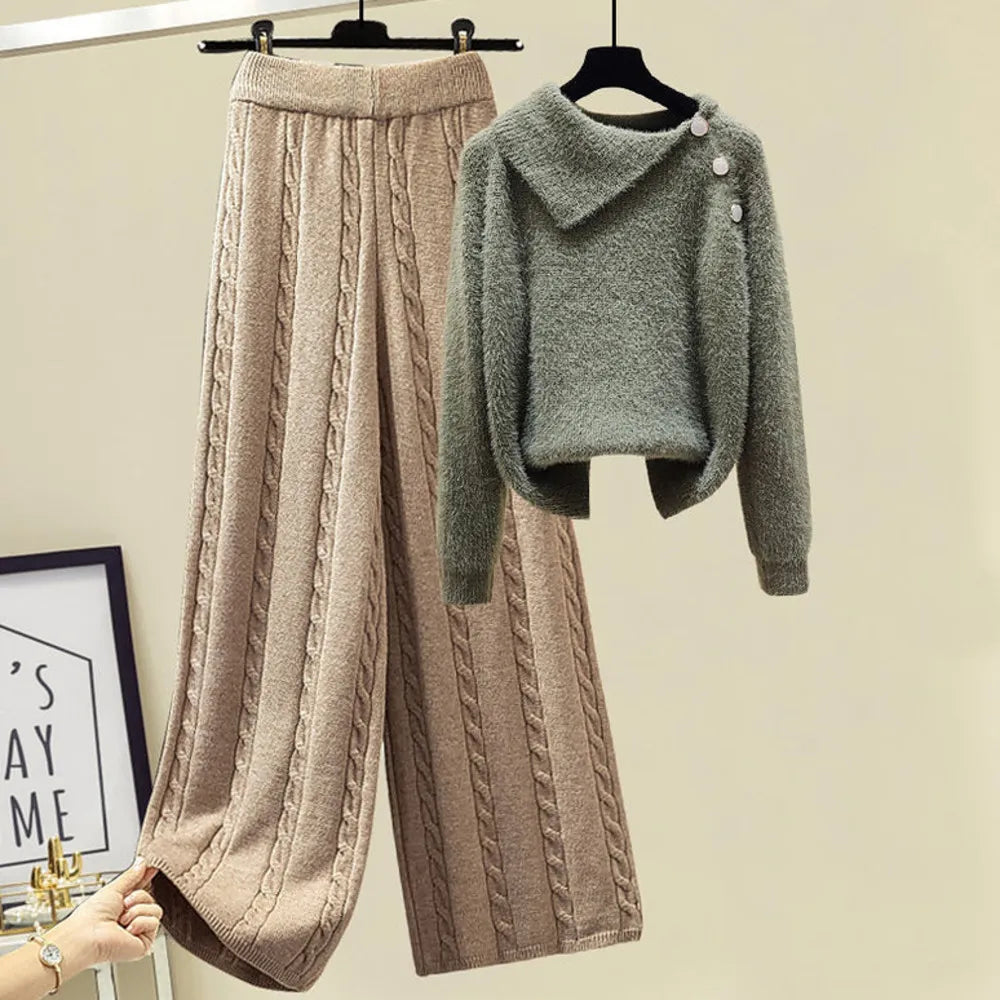 2024 Winter Warm 3-Piece Knit Outfit Set for Women - Cozy Knitted Sweater, Soft Lamb Wool Vest & Stylish Wide-Leg Twist Pants | Perfect for Casual Wear, Office Outfits & Winter Fashion