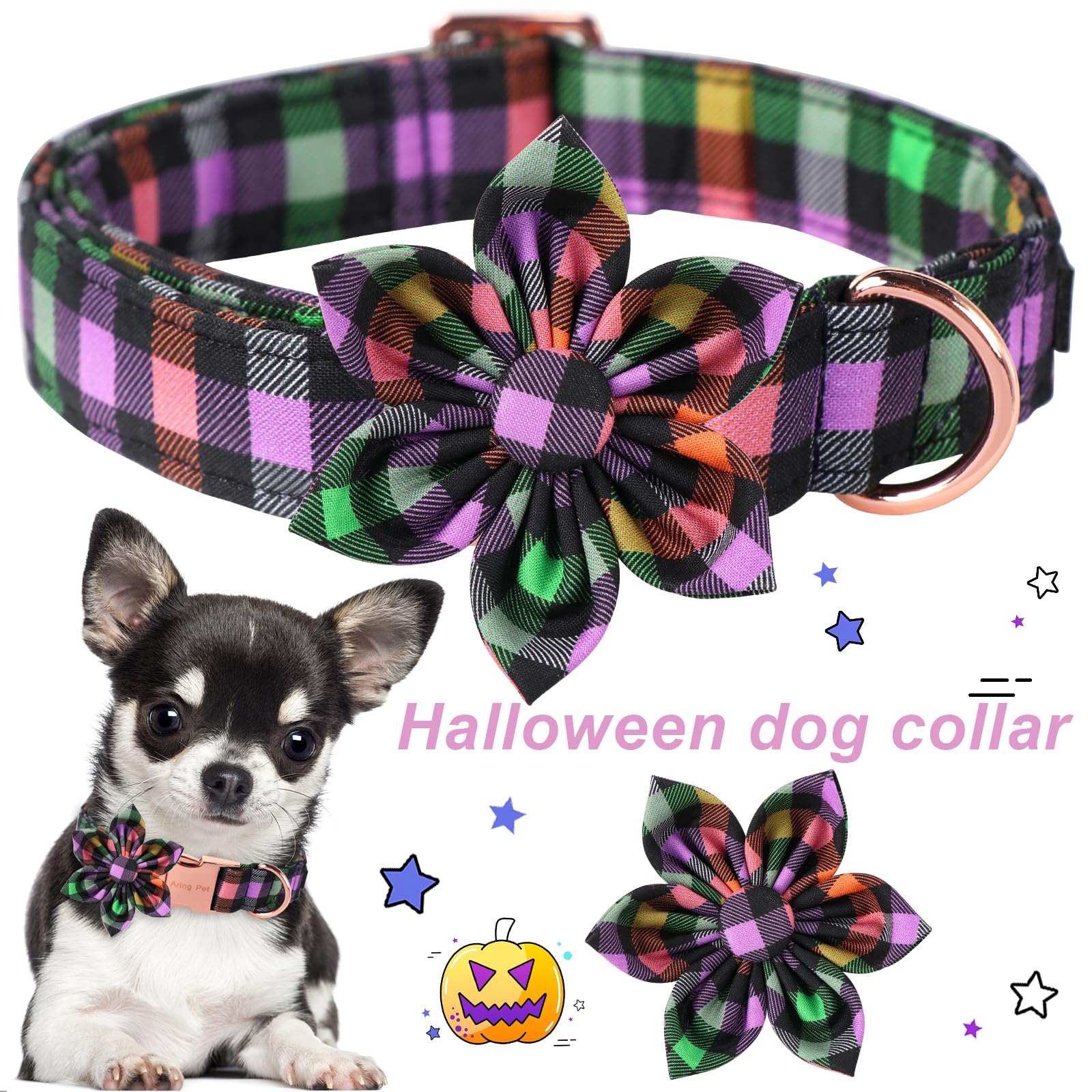 ARING PET Halloween Dog Collar - Adjustable Cotton Plaid Dog Collar with Flower & Metal Buckle for Small Medium Dogs | Cute Fall & Halloween Costume Accessory for Girl Puppies