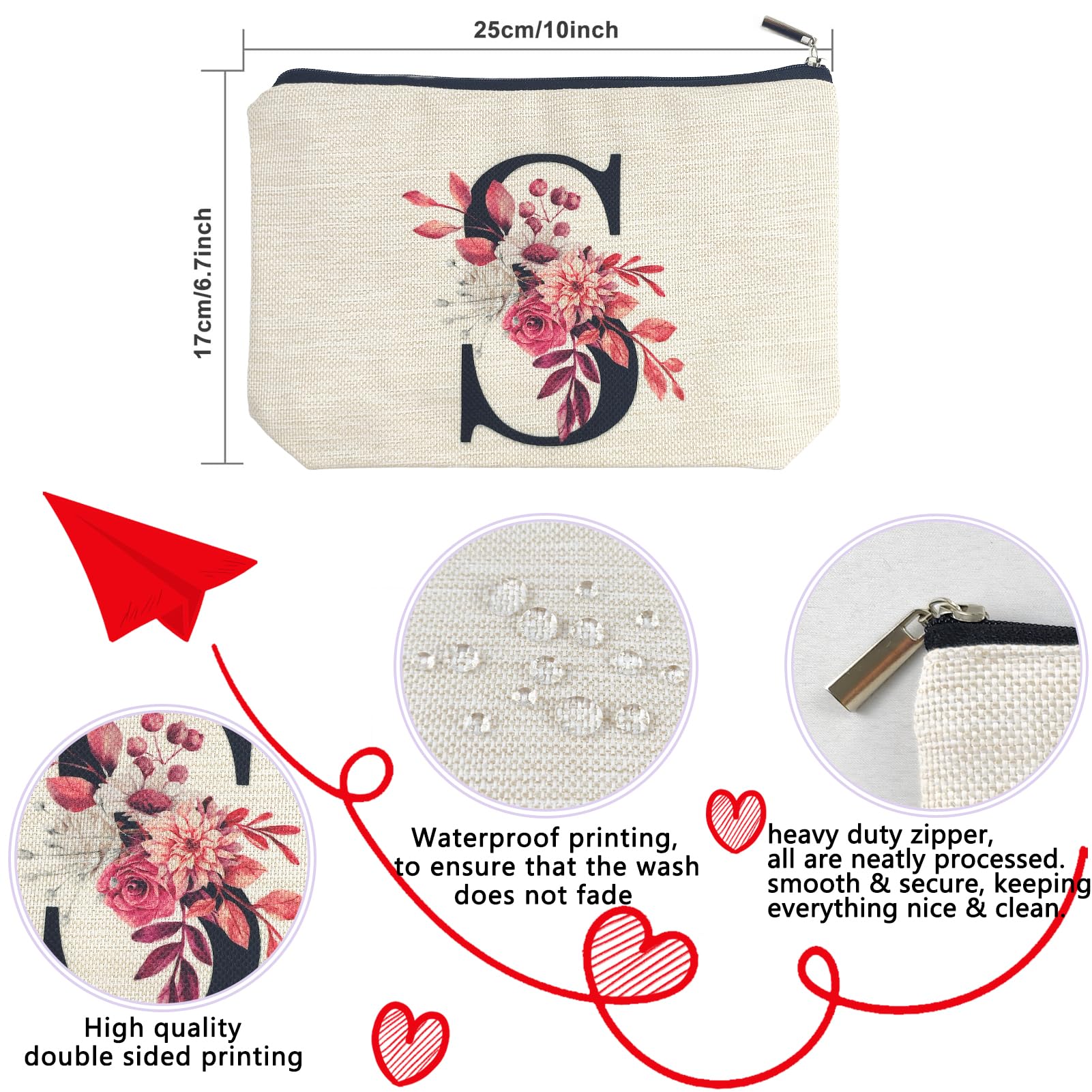 Personalized Floral Monogram Makeup Bag - Custom A-Z Initial Cosmetic Pouch for Women, Mom, Best Friend, Bride, Bridesmaid & Grandma - Perfect Birthday, Mother's Day & Christmas Gift - Small Travel Toiletry Bag for Everyday Use, Weddings & Vacation Essentials
