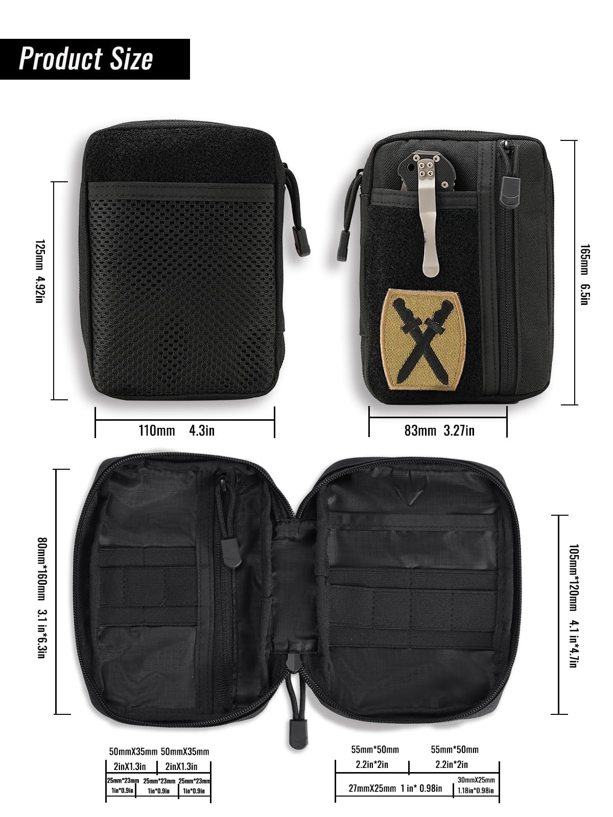 Sayram SP5 EDC Tactical Pouch - Compact Tool Organizer with Hook & Loop Closure, 6 Zippered Pockets for Multitools & Gear - Perfect for Everyday Carry, Camping, Hiking & Outdoor Adventures - Black