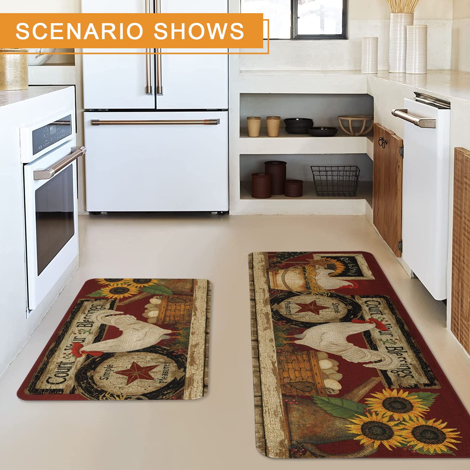 Farmhouse Kitchen Rugs Set of 2 - Non-Slip Washable Rooster Design Floor Mats (17x29 & 17x47 Inch) for Home Decor - Perfect for Farmhouse Style Kitchens, Holiday Cooking & Cozy Dining Areas