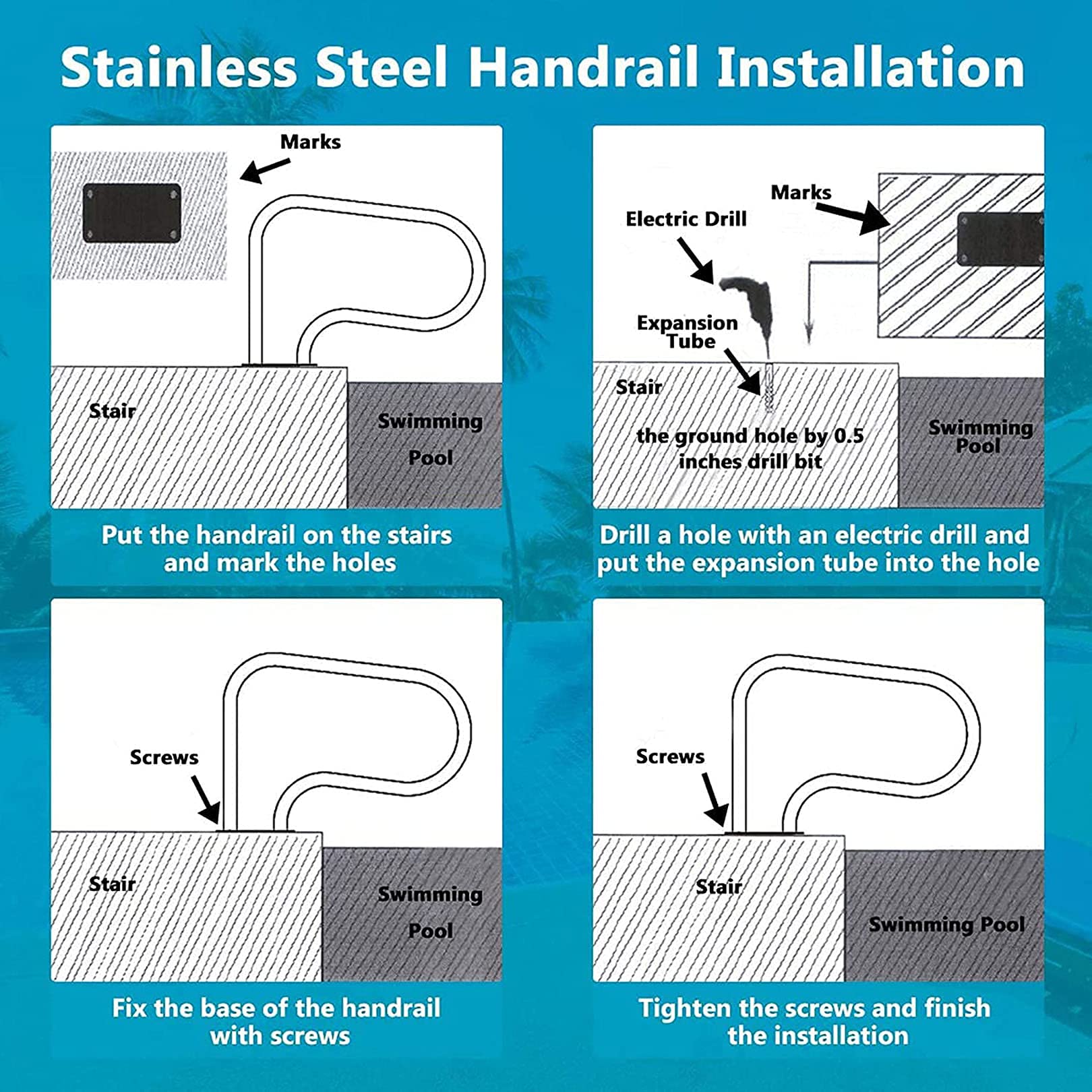 CGF Stainless Steel Swimming Pool Hand Rail - 304 Stainless Steel, Quick Mount Installation for In-Ground Pools | Durable Safety Grab Bar for Indoor & Outdoor Use, Perfect for Seniors and Pool Safety