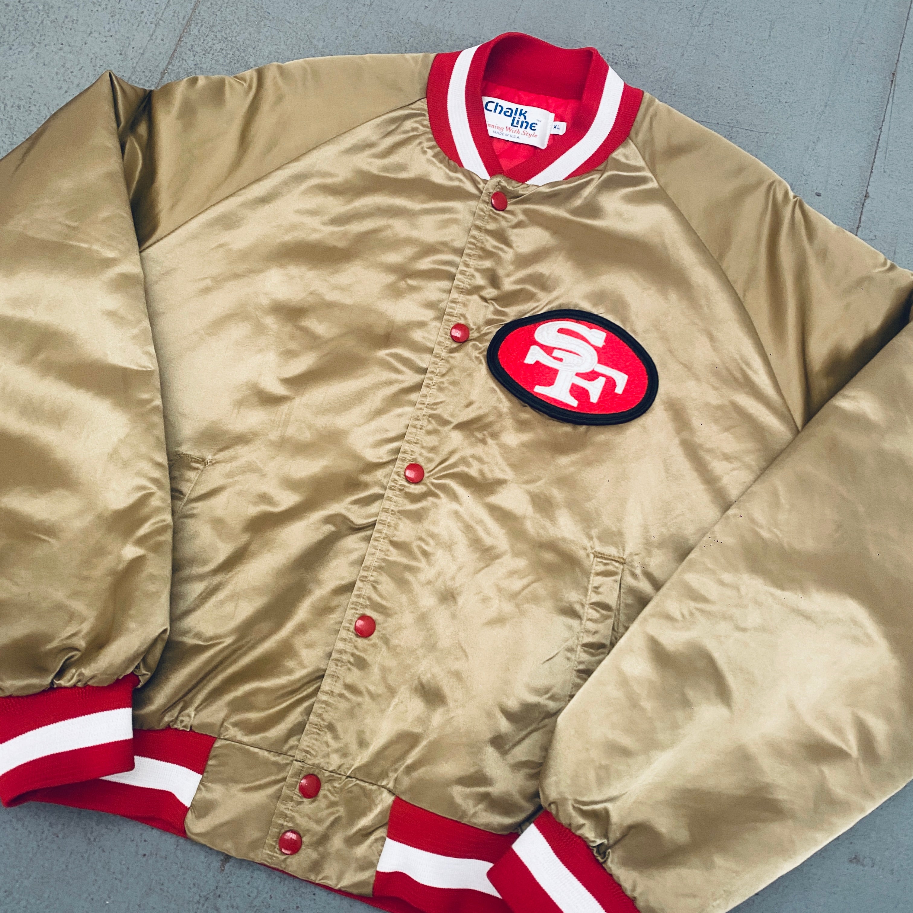 Vintage 1980s San Francisco 49ers Chalk Line Satin Bomber Jacket - Reverse Stitched Spellout Design (XL) | Perfect for NFL Game Days, Sports Events & Retro Fashion Outfits