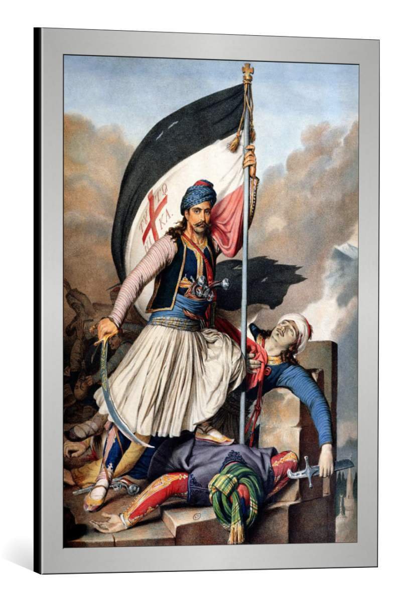 Louis Dupre Greek Rebellion Standard Bearer Salona on Easter Day Framed Art Print - 19.7x27.6 inch (50x70cm) Silver Brushed Fine Art Poster for Home & Office Decor | Wall Art for Living Room, Bedroom, Study