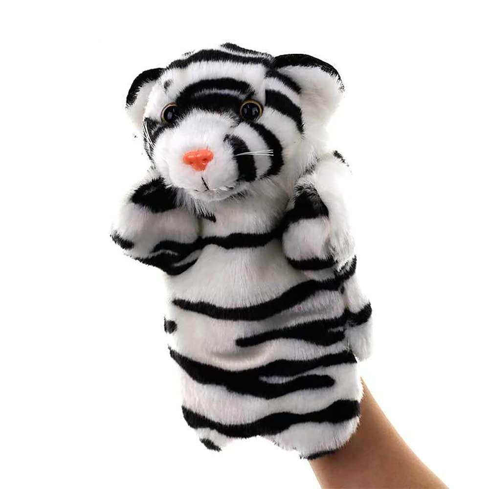 ZHIQU DUCK Imaginative Play Hand Puppets - 10in Stuffed Animal Puppets for Storytelling, Teaching & Role Play - Soft White Tiger Puppet for Preschool, Daycare & Family Fun - Interactive Learning Toy for Kids