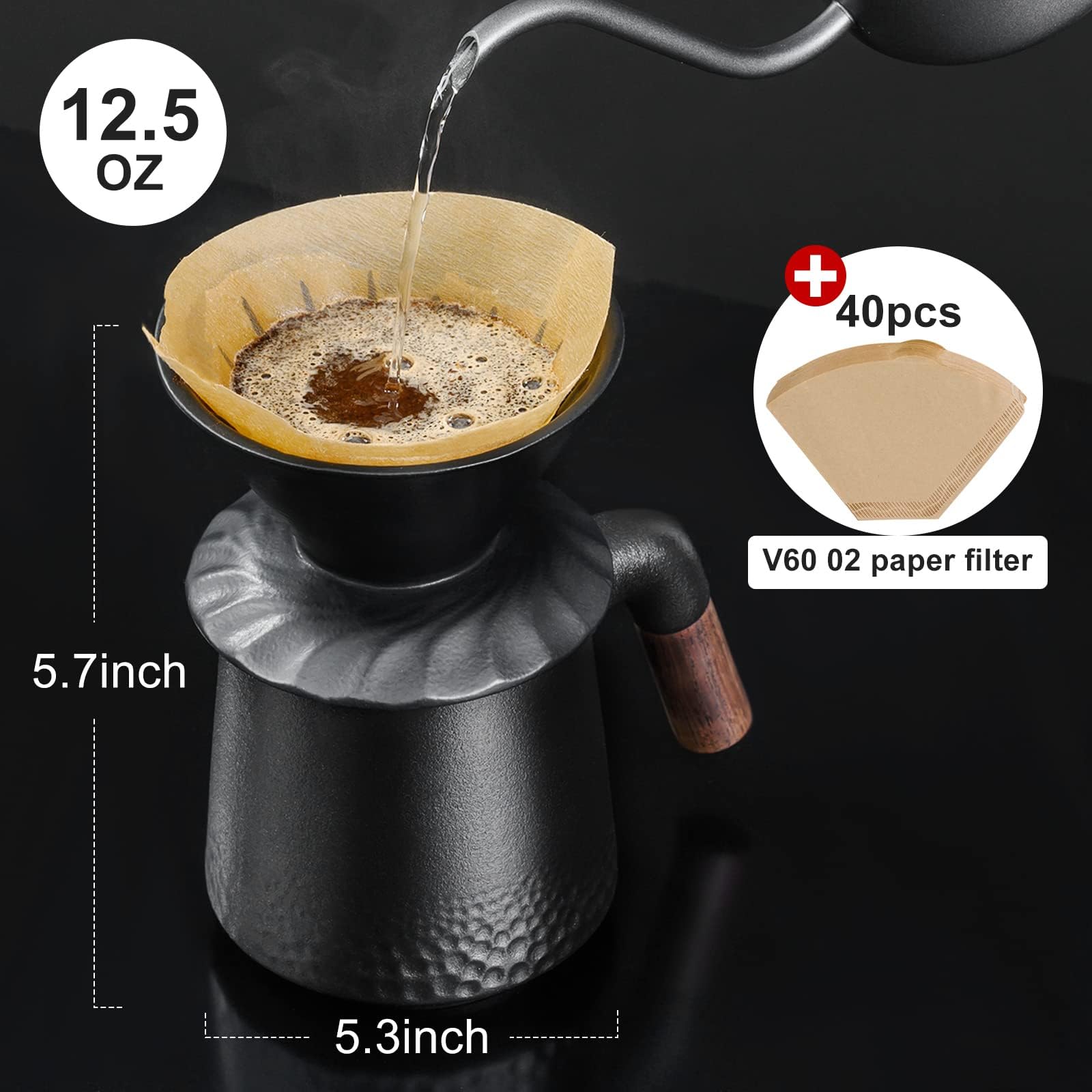 PARACITY Ceramic Pour Over Coffee Maker Set - 60° Angled V-Shaped Dripper with 40 Reusable Filters, Coffee Mug & Brewer for Single Cup | Perfect for Home, Office & Camping Coffee Brewing