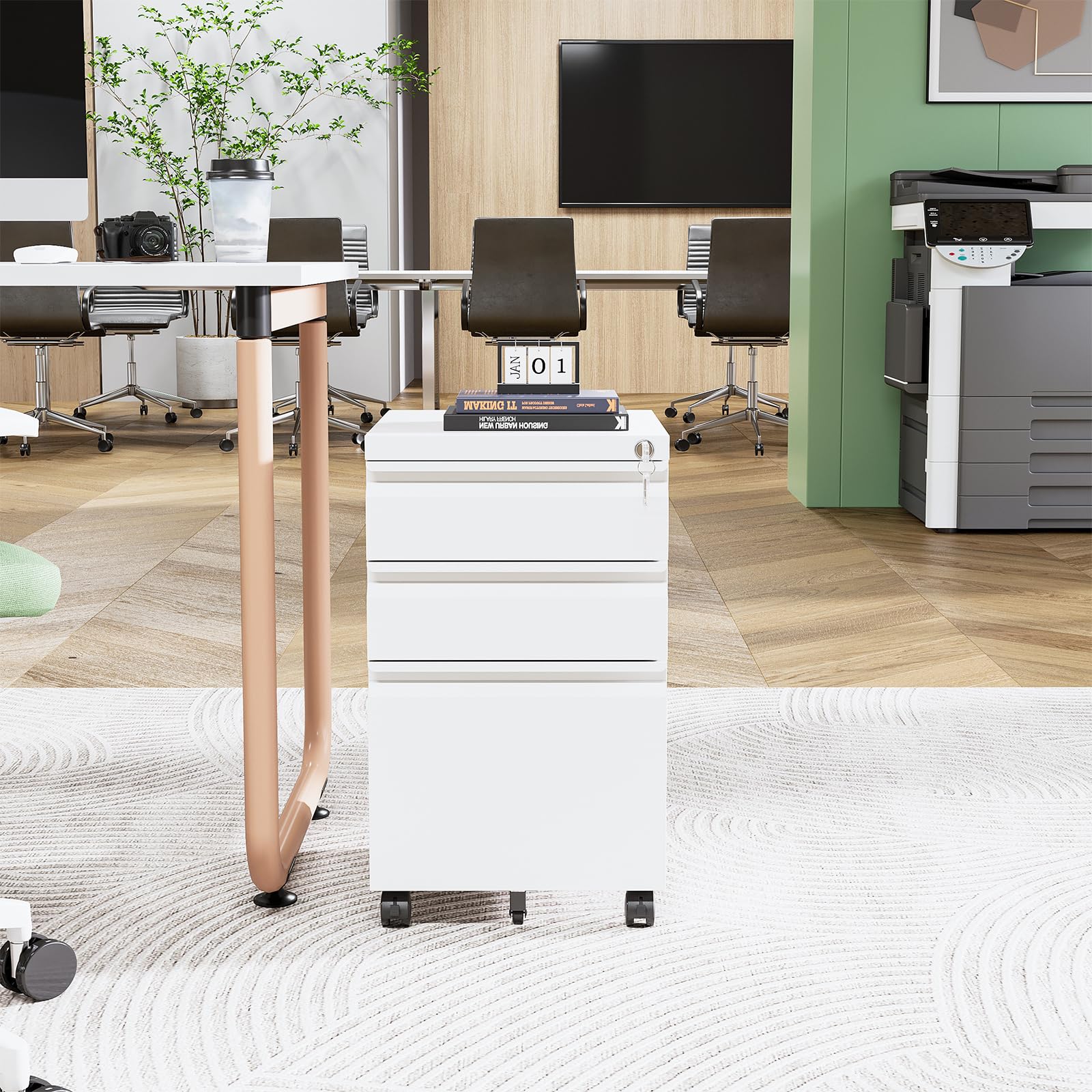 3-Drawer Metal Rolling File Cabinet with Lock - Under Desk Storage for Home Office, Fully Assembled for A4/Letter Size Documents - White - Perfect for Organizing Files, Bills, and Office Supplies in Small Spaces