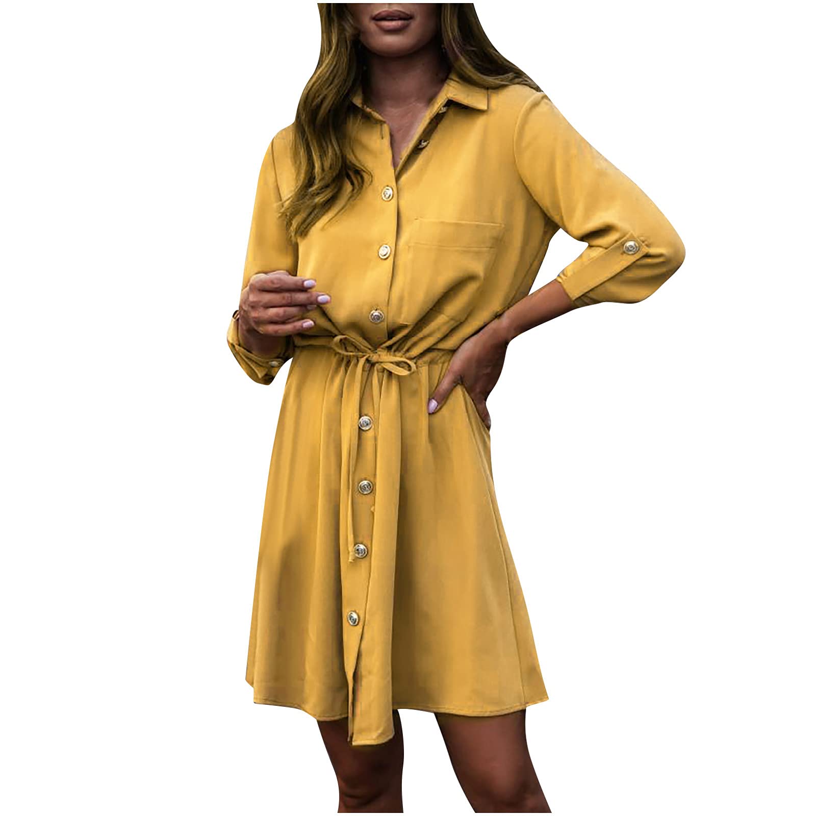 Women's Button Down Shirt Dress - Long Sleeve Lapel Midi Dress with Lace Up Detail | Casual Loose A-Line Swing Dress for Fall | Perfect for Office, Date Night & Autumn Outings