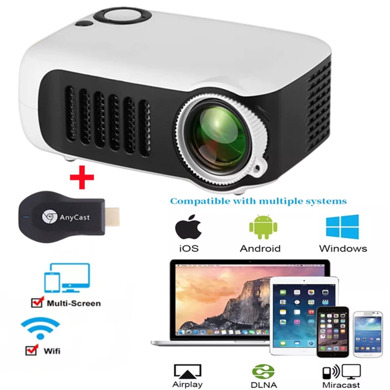 SVIO Mini Projector - Portable LED Video Beamer with Phone Sync, Airplay & Miracast Support | Compatible with TV Stick, Roku, Anycast | Home Theater, Outdoor Movie Nights, Business Presentations (White, UK Plug)