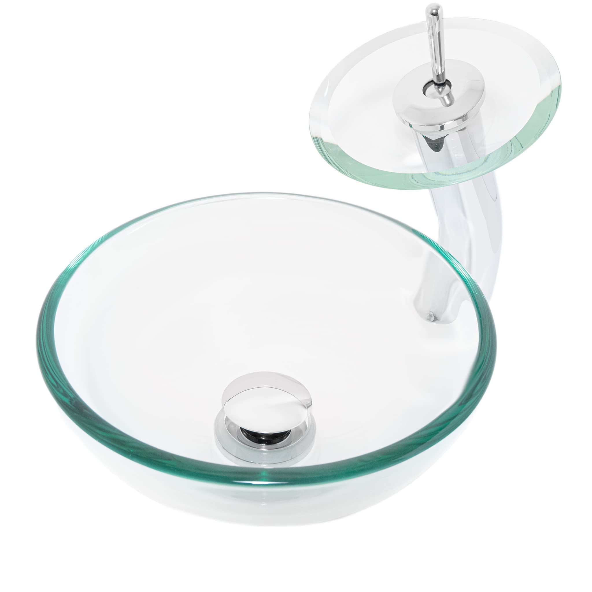 Clear Mini Glass Vessel Sink with Chrome Waterfall Faucet Set - Modern Bathroom Vanity Sink for Powder Room, Guest Bath & Small Space Installation