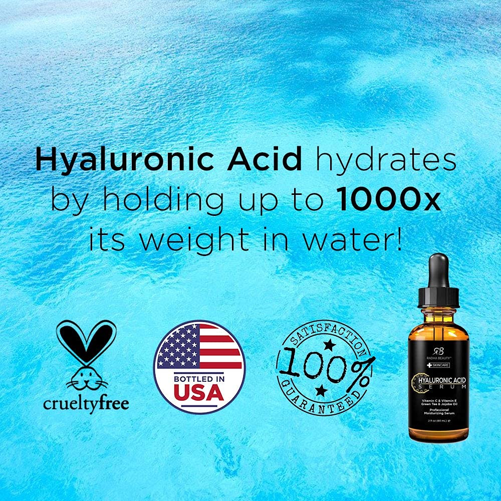 Radha Beauty Hyaluronic Acid Serum for Face - 2 fl oz with Vitamin C, E, Green Tea & Jojoba Oil - Anti-Aging Moisturizer for Wrinkles & Fine Lines - Deep Hydration for Dry Skin - Perfect for Night Routine & Daily Skincare Regimen