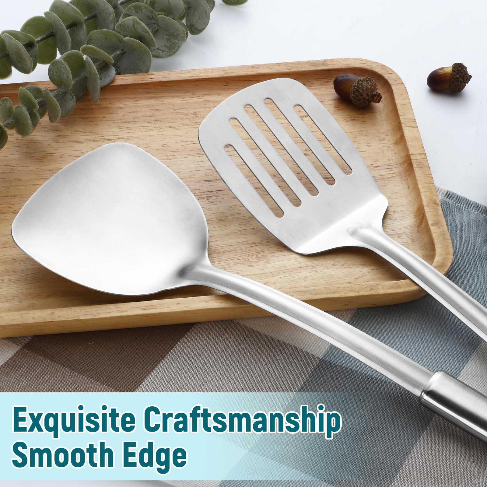 Premium 2-Piece Solid & Slotted Spatula Set - 304 Stainless Steel Cooking Utensils for Wok, Frying & Grilling - Professional Kitchen Tools for Home Chefs & Restaurants - Dishwasher Safe Silver Spatulas - Perfect for Stir-Frying, Flipping Pancakes & BBQ Cooking