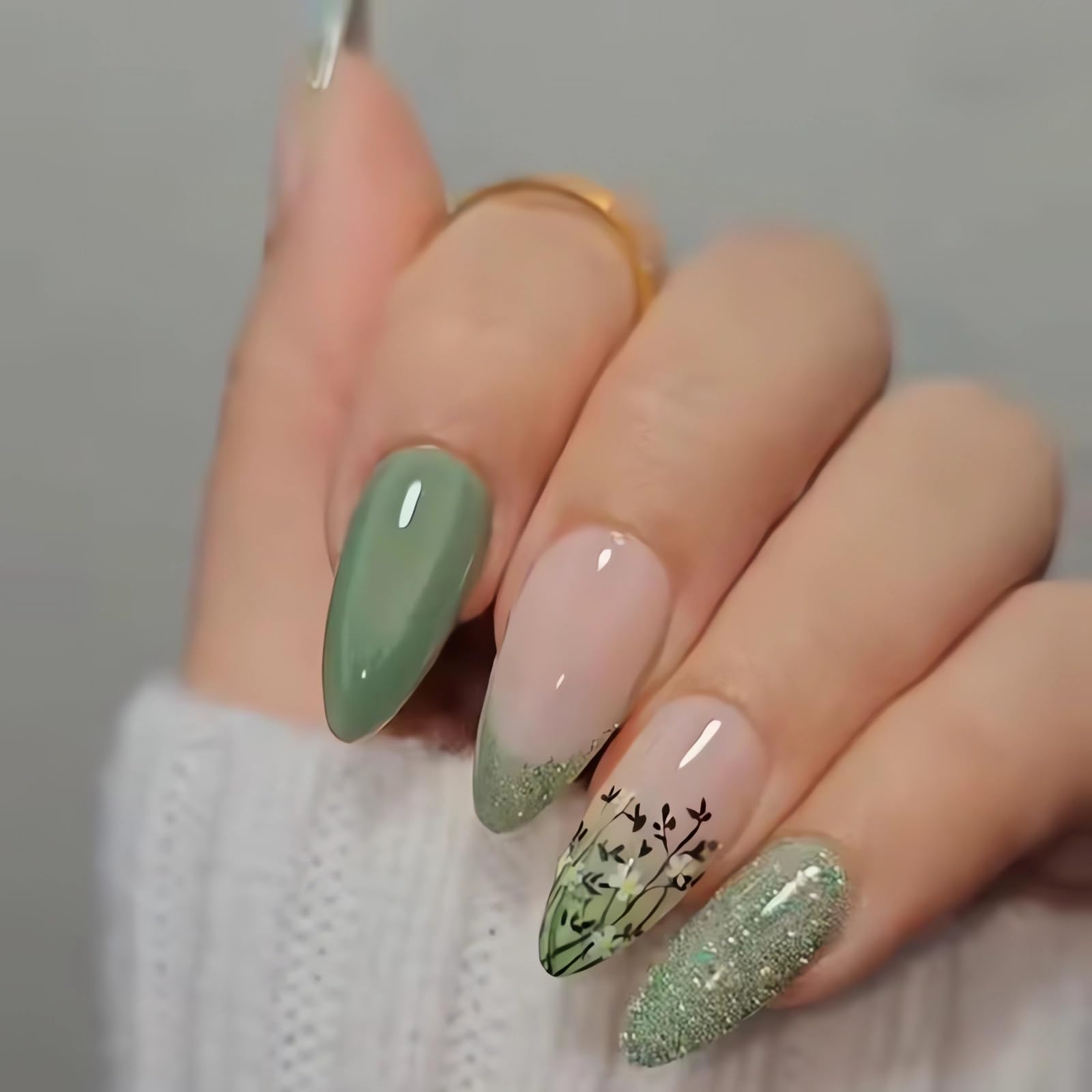 Green Press On Nails - Medium Almond Shape False Nails with Butterfly & Flower Designs, French Tip Glossy Pink White Ombre, Reusable Fake Nails for Women & Girls | Perfect for Parties, Weddings, Date Nights & Special Occasions