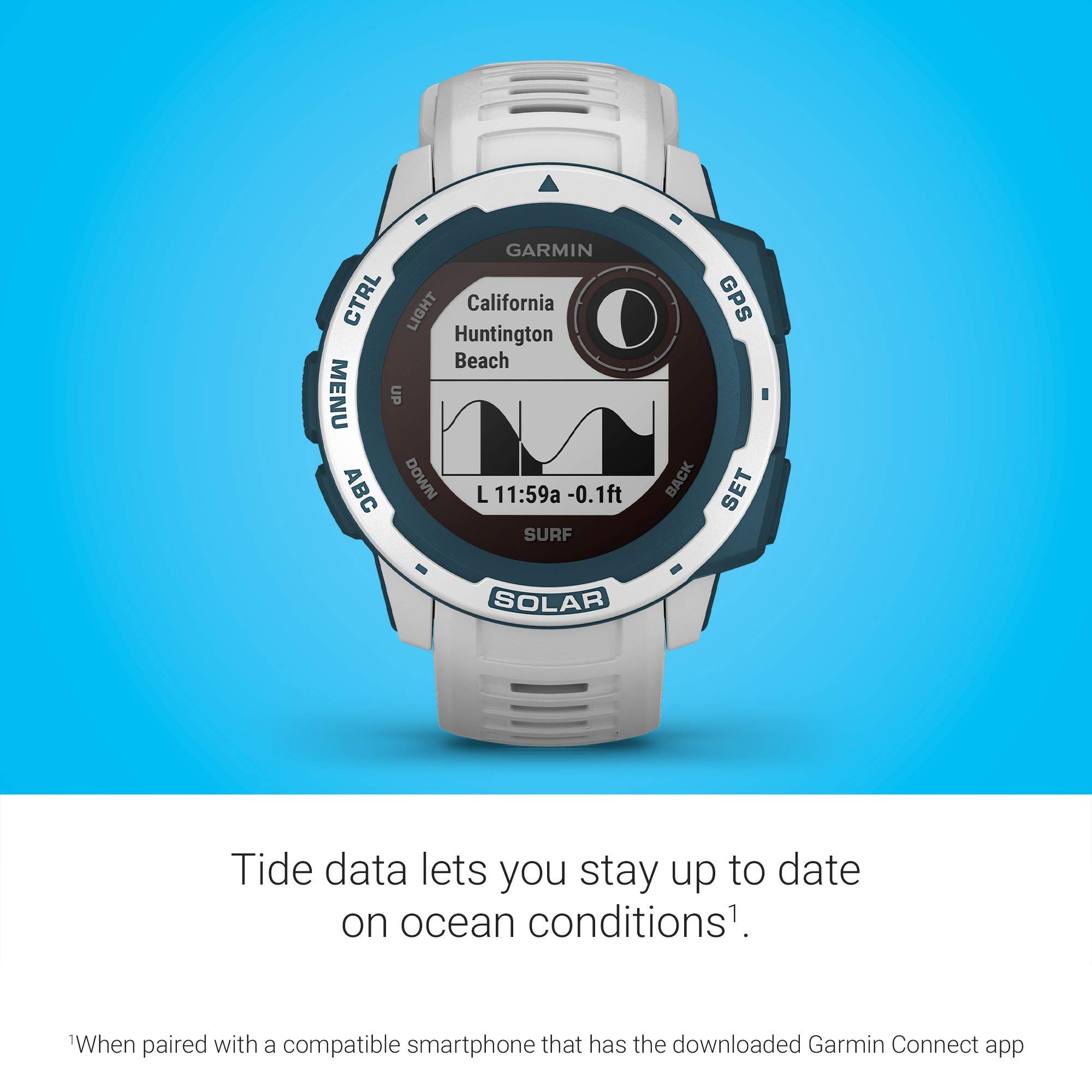 Garmin Instinct Solar Surf - Rugged Solar-Powered Outdoor Smartwatch with Tide Data & Surf Tracking | Waterproof GPS Watch for Surfing, Hiking & Adventure | Cloudbreak (Renewed)