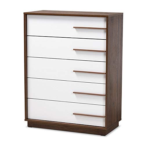 Baxton Studio Matte White Walnut Finish 5-Drawer Wood Dresser - Perfect for Bedroom Storage & Closet Organization