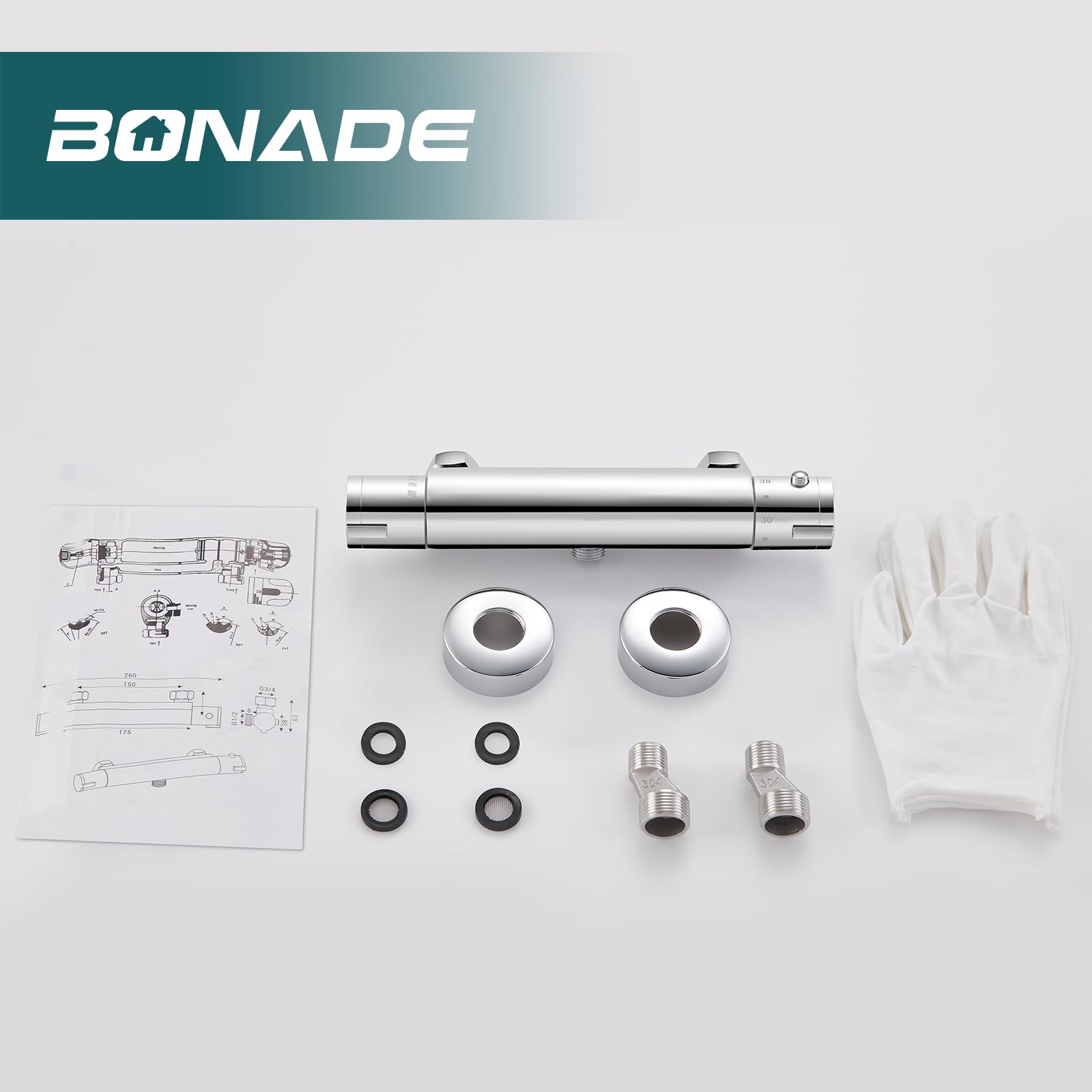 BONADE Thermostatic Shower Mixer Tap with 38°C Safety Button - Chrome Surface-Mounted Bathroom Shower Mixer for Tub & Round Shower - Perfect for Modern Bathrooms & Spa-Like Showers