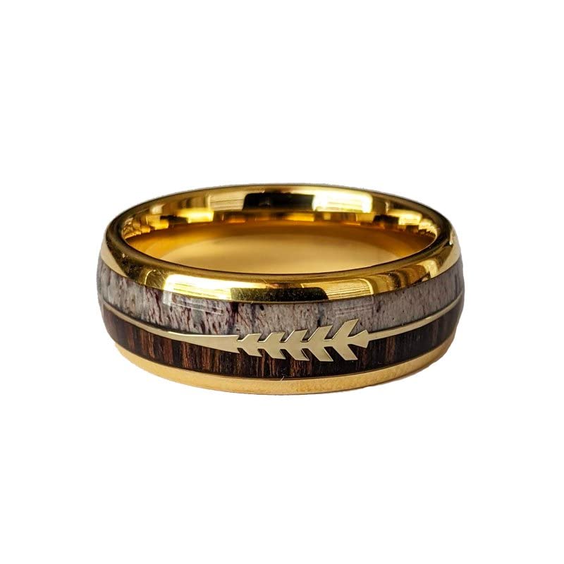 14K Gold Tungsten Men's Wedding Band with Koa Wood & Deer Antler Inlay - 8mm Rustic Boho Ring for Anniversary Gifts | Perfect for Outdoor Enthusiasts & Nature Lovers