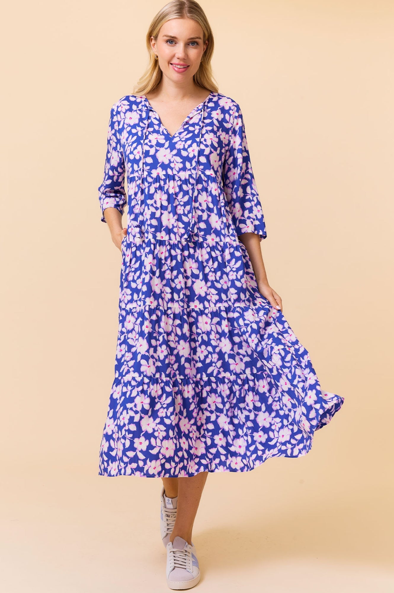 Emma EcoVero™ Midi Dress - Sustainable Floral Print Dress in Cobalt Blue & Pink | Perfect for Summer Weddings, Garden Parties & Casual Outings