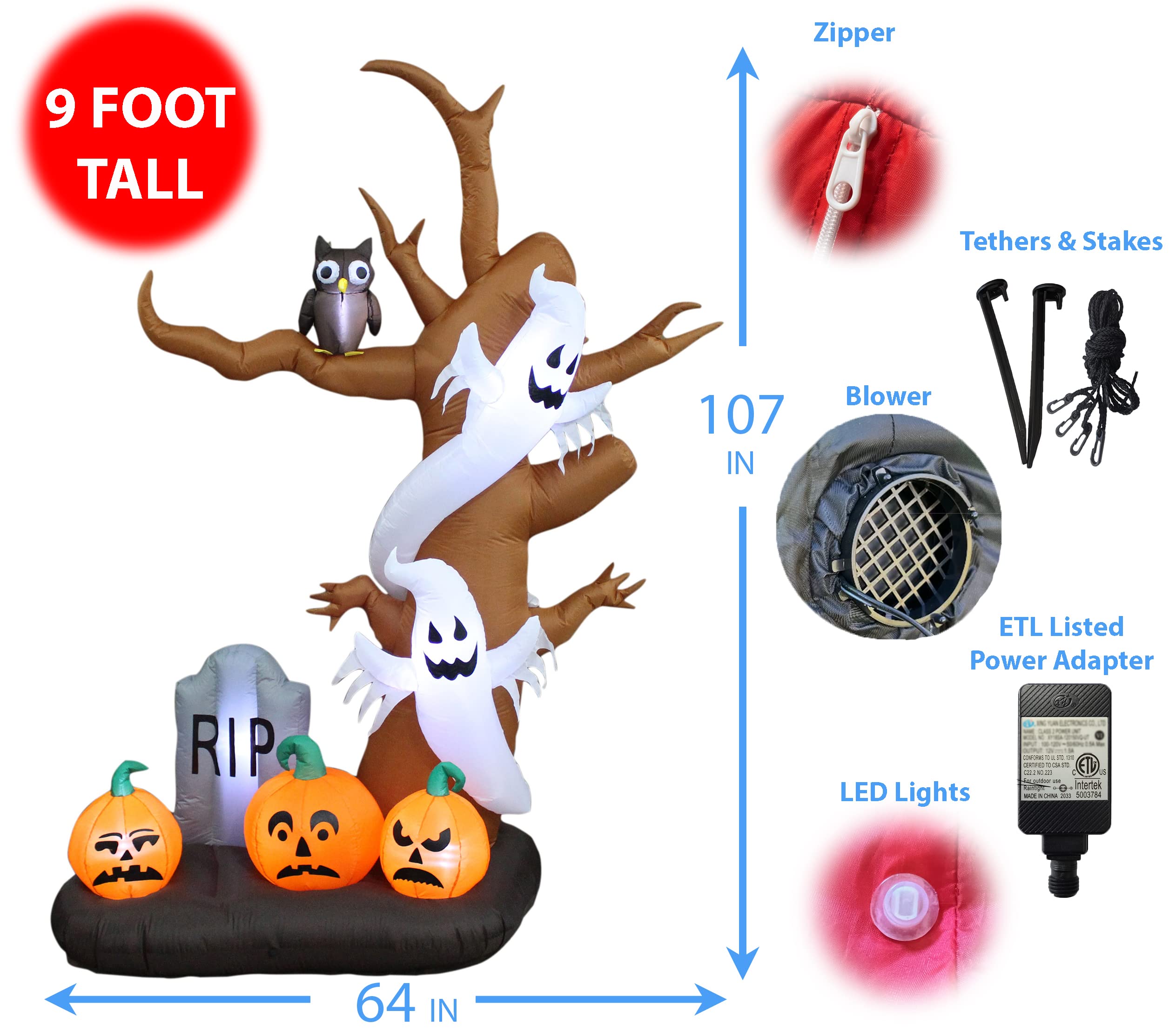 Halloween Party Decorations Bundle - 6ft Glowing Inflatable Pumpkin Jack O'Lantern & 9ft Haunted Tree with Ghosts, Pumpkins, Owl & Tombstone - Spooky Outdoor & Indoor Halloween Decor for Yard, Porch & Party