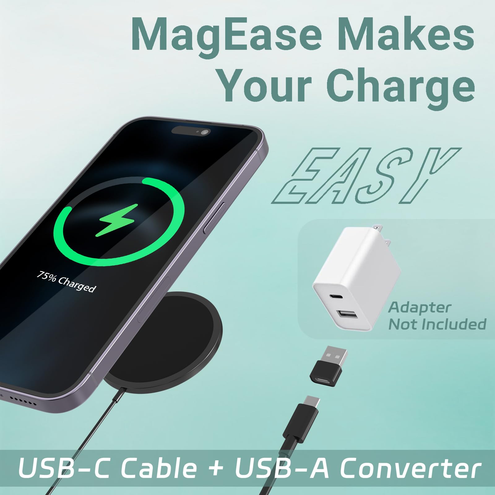 15W Fast Wireless Charger for iPhone with MagSafe - Magnetic USB-C Charging Pad Compatible with iPhone 16/15 Pro Max/14/13/12 & AirPods (Black) | Perfect for Home, Office & Travel Charging