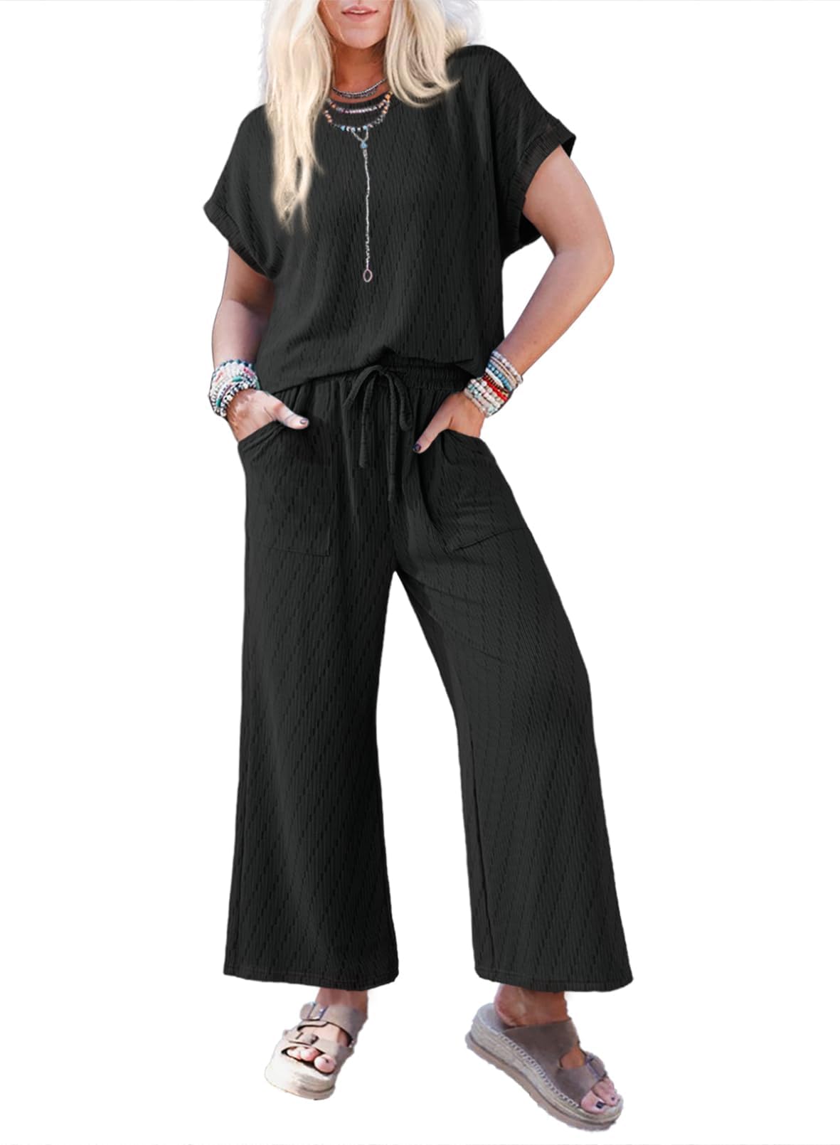 Dokotoo Women's 2-Piece Casual Outfit - Short Sleeve Summer Top & High Waist Wide Leg Pants Lounge Set | Comfortable Loungewear for Home, Travel & Relaxation