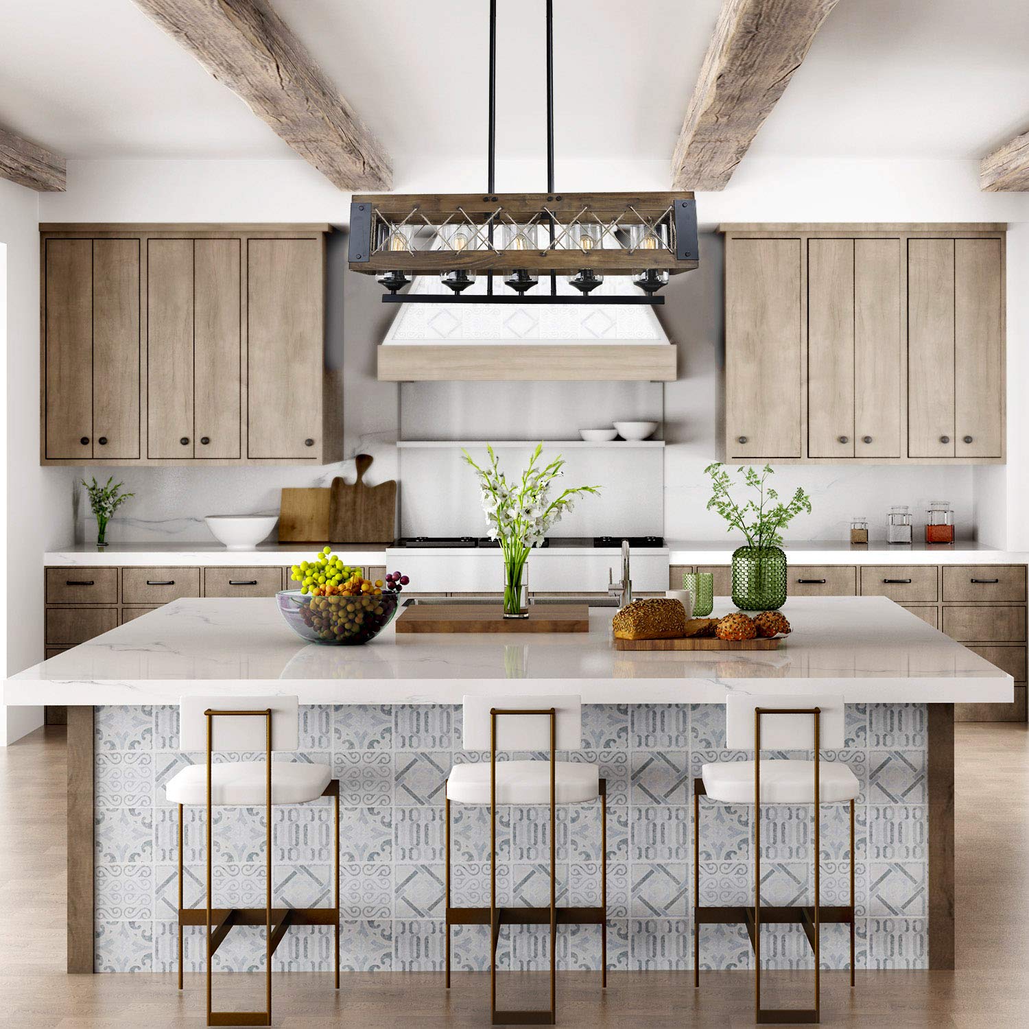 Farmhouse Chandelier 5-Light Kitchen Island Pendant Lighting - 32 Inch Rustic Wood & Black Finish with Clear Glass Shades - Perfect for Dining Room, Kitchen Island, and Farmhouse Decor