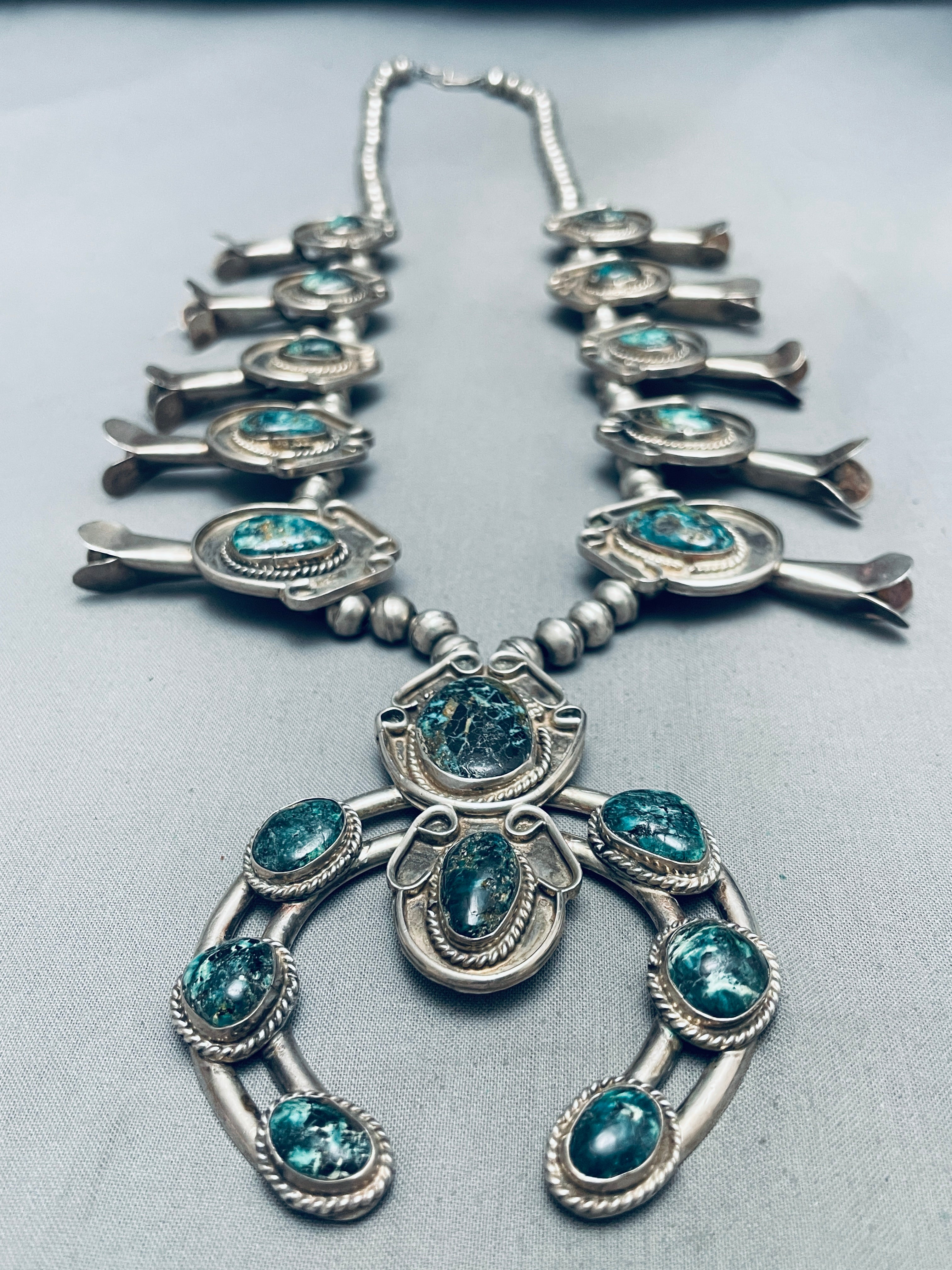 200g Vintage Navajo Turquoise Sterling Silver Squash Blossom Necklace - Authentic Native American Jewelry for Women, Perfect for Boho Fashion & Special Occasions