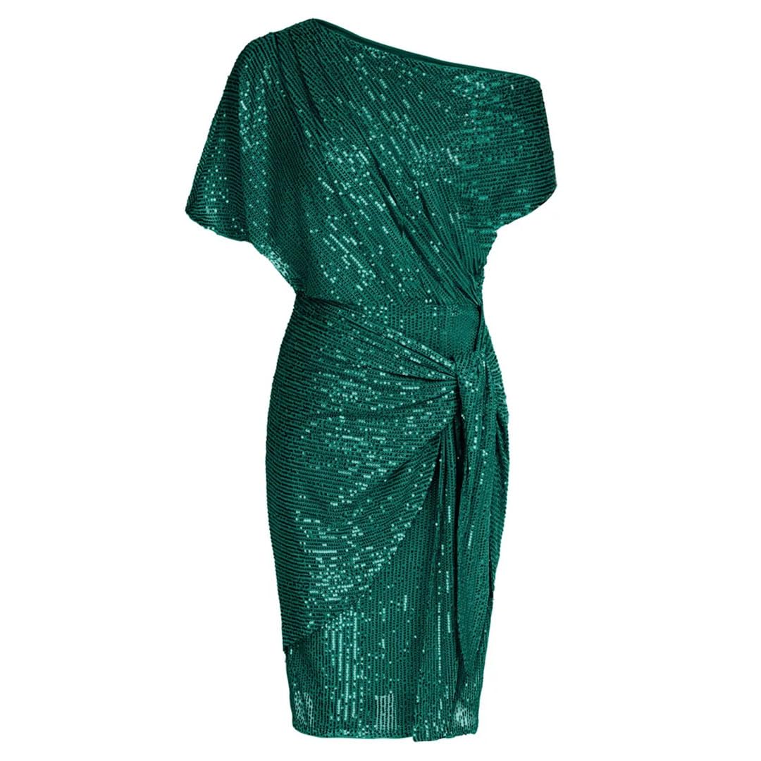 Women's Sequined Cocktail Party Dress - Summer Short Sleeve Ruched Bodycon Dress with Asymmetric Shoulder for Night Out, Club, Wedding Guest & Special Occasions