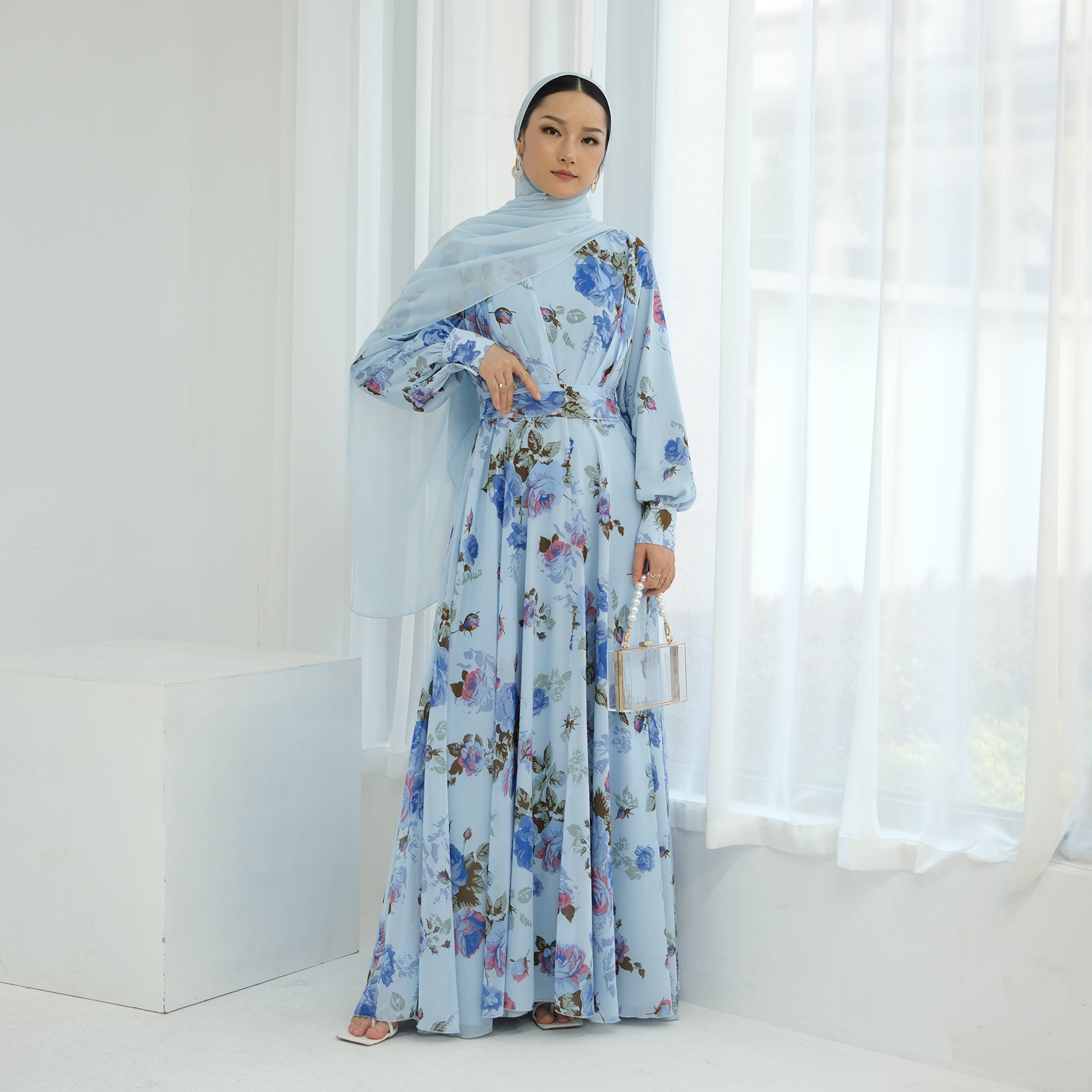 Elegant Gardenia Floral Maxi Dress in Blue & Pink - Perfect for Summer Weddings, Beach Vacations & Boho Chic Outfits