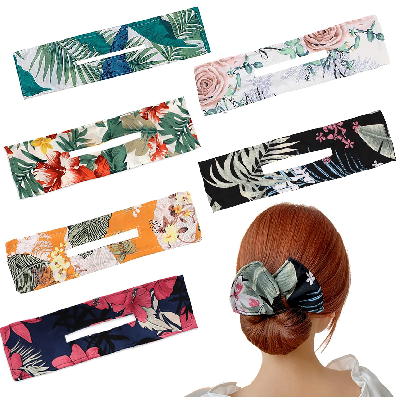 Adurself 6-Pack Reusable Boho Flower Print Hair Bun Maker Set – Magic Clip Bun Shaper for French Twist & Updo Hairstyles | Perfect Hair Styling Tool for Women & Girls | Great for Weddings, Parties & Everyday Use