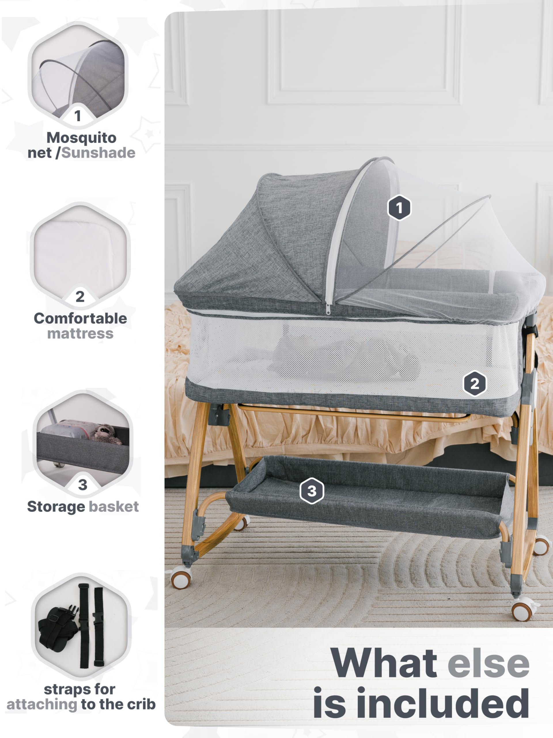 **Portable Baby Rocking Bassinet Bedside Sleeper - Adjustable Height Mesh Crib for Safe Co-Sleeping, Storage Basket & Wheels, Includes Travel Bag & Mosquito Net (Wood Grain, Grey) – Perfect for Nursery, Travel & Bedside Sleeping**
